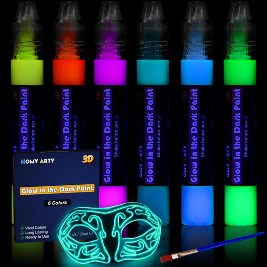 HOMY ARTY Fabric Paints, Glow in the Dark Paint -6 Colors x 30ml Long-Lasting Luminous Glow Acrylic Paint for T-Shirt, Canvas, Art Supplies, DIY Decoration