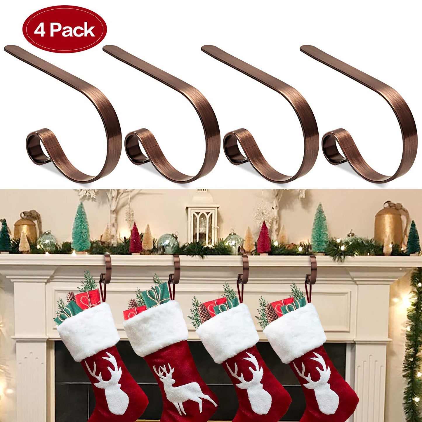 FINMOR Christmas Stocking Holders for Mantle Set 4,Lightweight Stocking Holder No-Slip Stocking Hangers for Mantel Fireplace,Adjustable Mantel Stocking Hooks