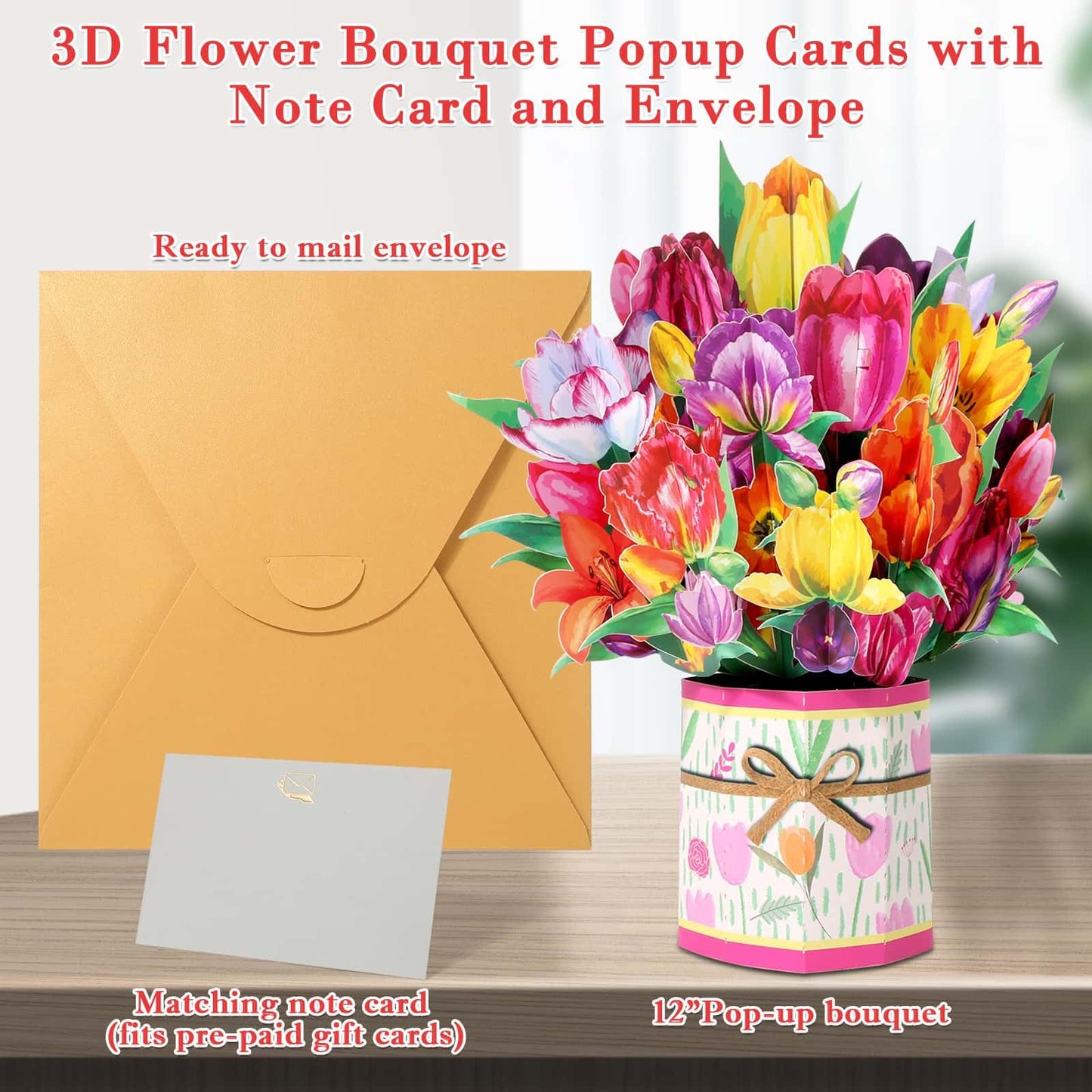 Tidponra Pop Up Card Women, 3D Flower Birthday Cards Popup Tulips Bouquet Get Well Soon Cards with Envelope and Note Card for Mother's Day, Anniversary, Birthday, Home Decor