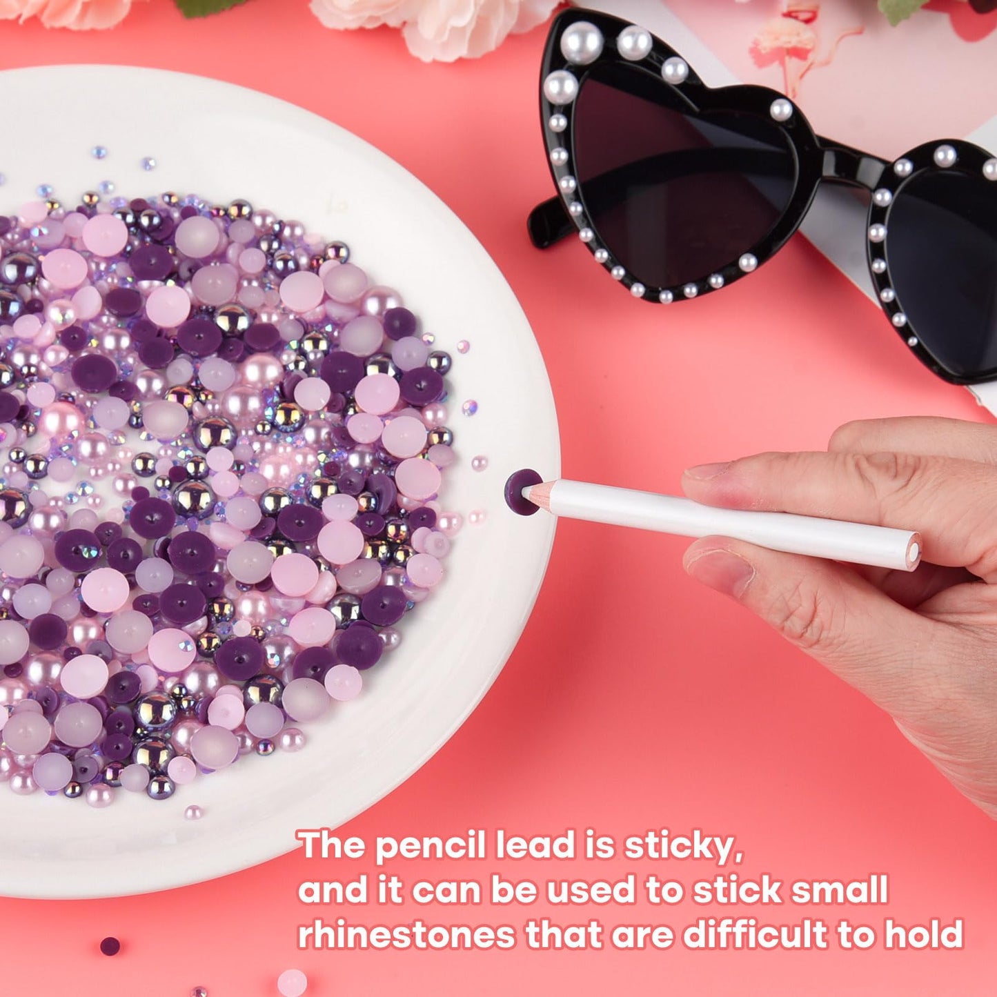 ASTARON 50g Mix Flatback Rhinestones Half Pearls for Crafts Mixed Size 3mm-10mm Flat Back Rhinestones for Crafts Flatback Pearls for Decorating Tumblers Mugs Nail Art Shoes (Purple Pink Series)