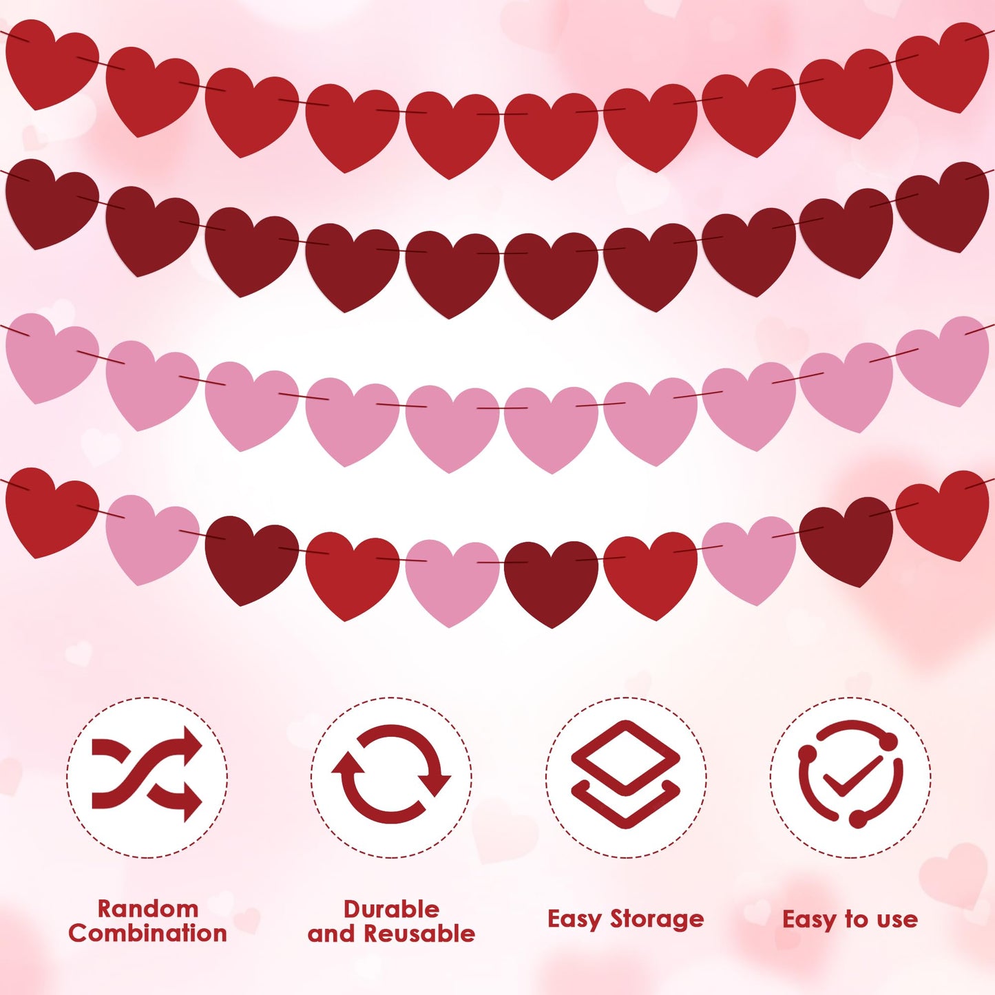 Valentines Day Decorations - Heart Valentines Garland - 40 Pack Valentine's Day Backdrop Banner Valentine's Day Accessories Party Favors for Door Wall Classroom School Home-Valentines Day Decor