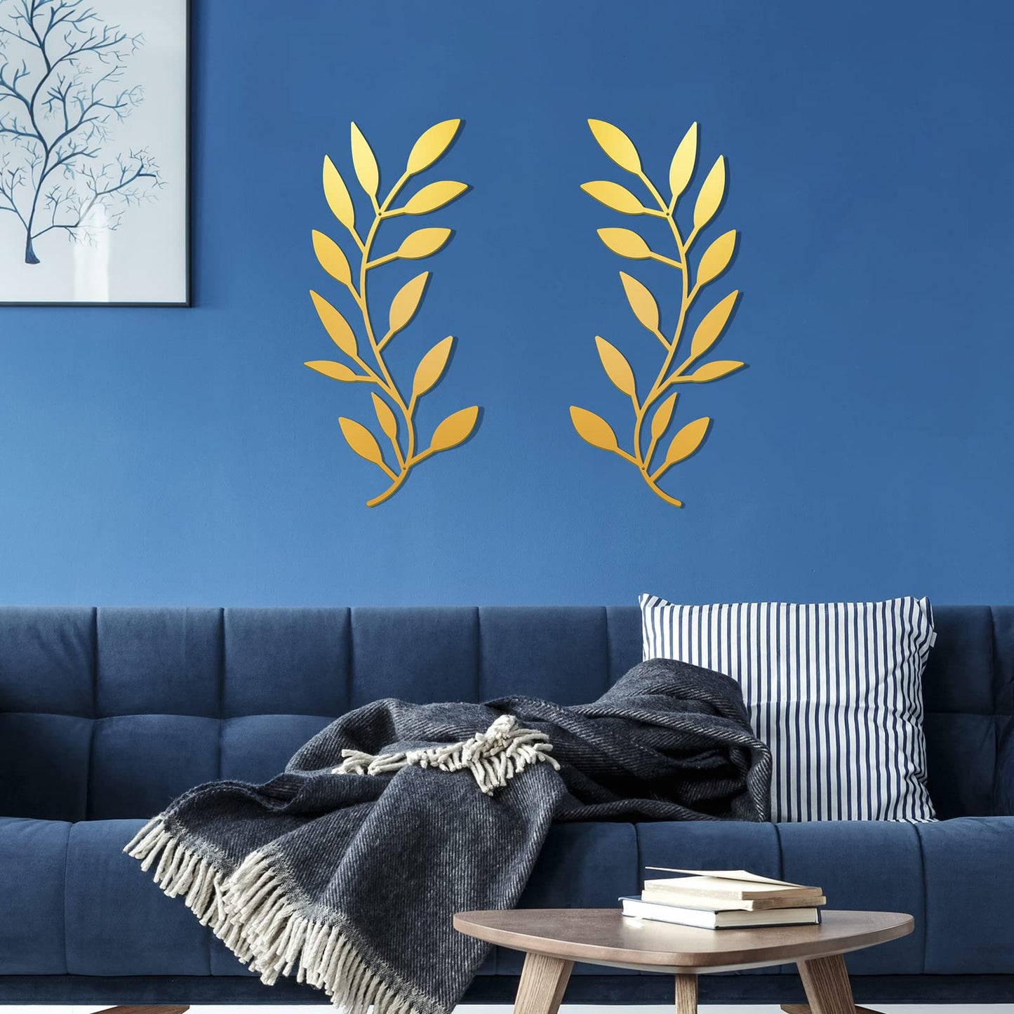 2 Pieces Metal Tree Leaf Wall Decor Vine Olive Branch Leaf Wall Art Living Room, Hallway Wall Decor Outdoor Decoration(Gold)