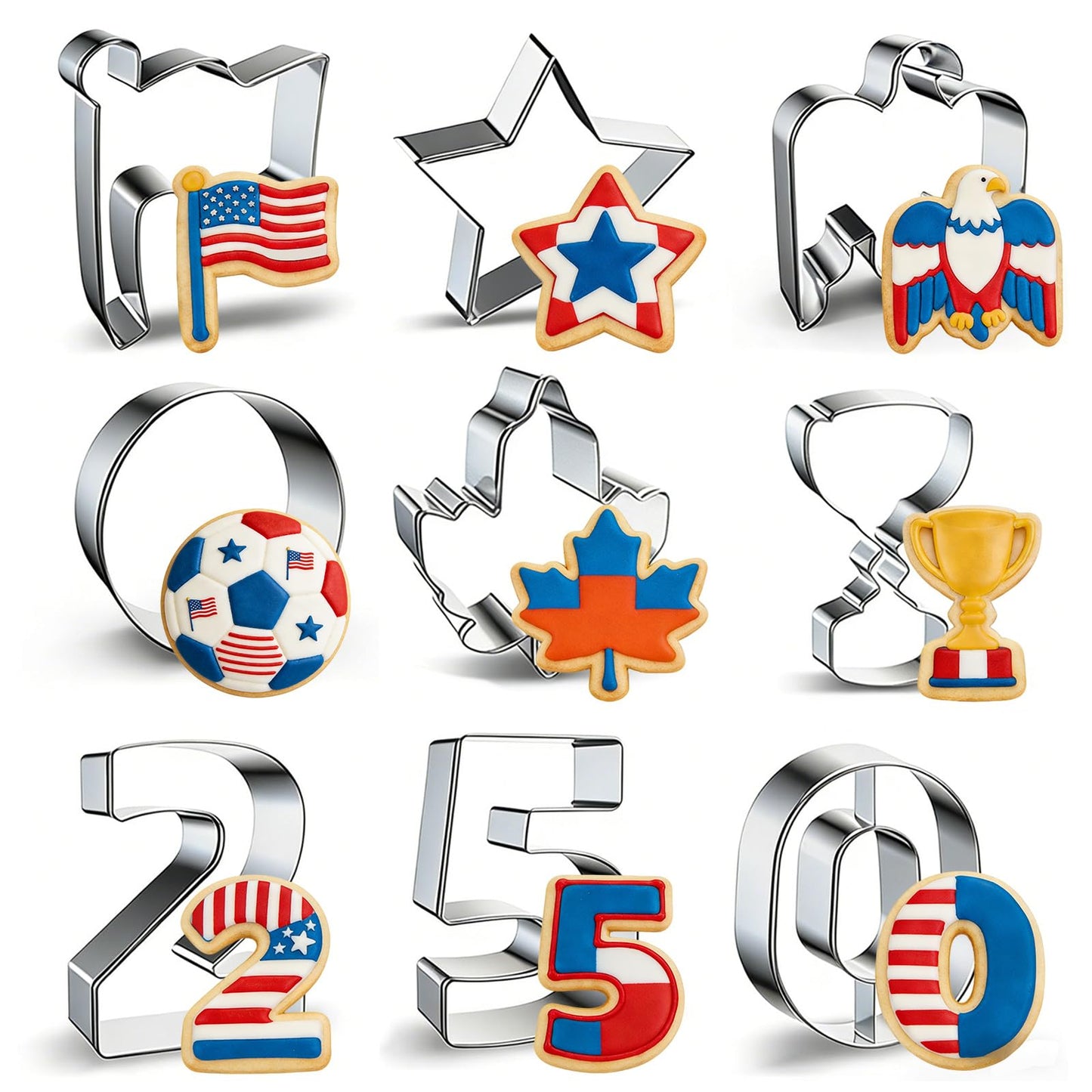 JOINBO 9Pcs Patriotic Metal Cookie Cutter Set, 250th Anniversary of Independence Day, 4th of July Baking Molds Star Eagle Flag, Stainless Steel for Holiday Party Baking Supplies