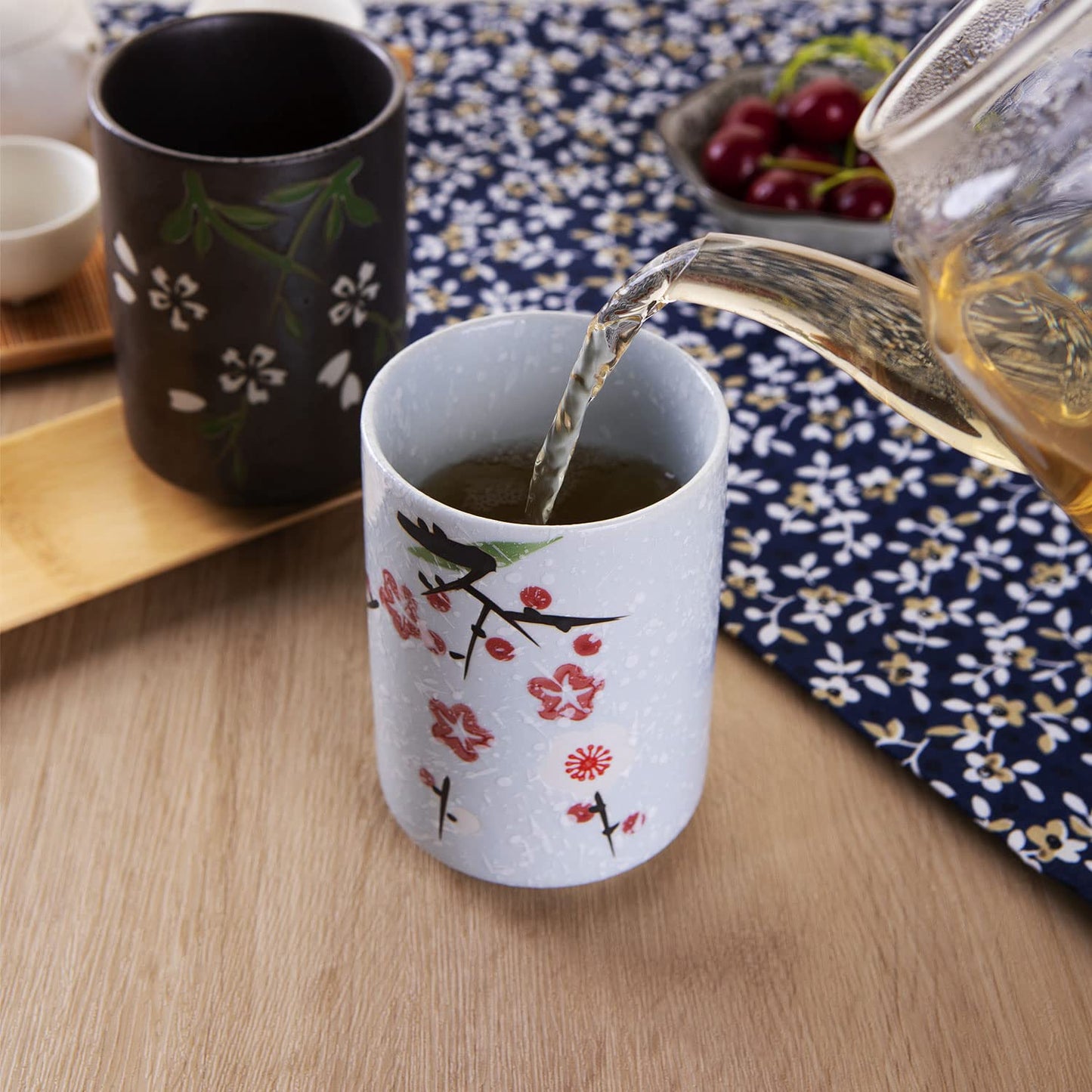 10oz Transitional Chinese/Japanese style Handle-less Ceramic Tea cups teacup, Flora Pattern Set of 2