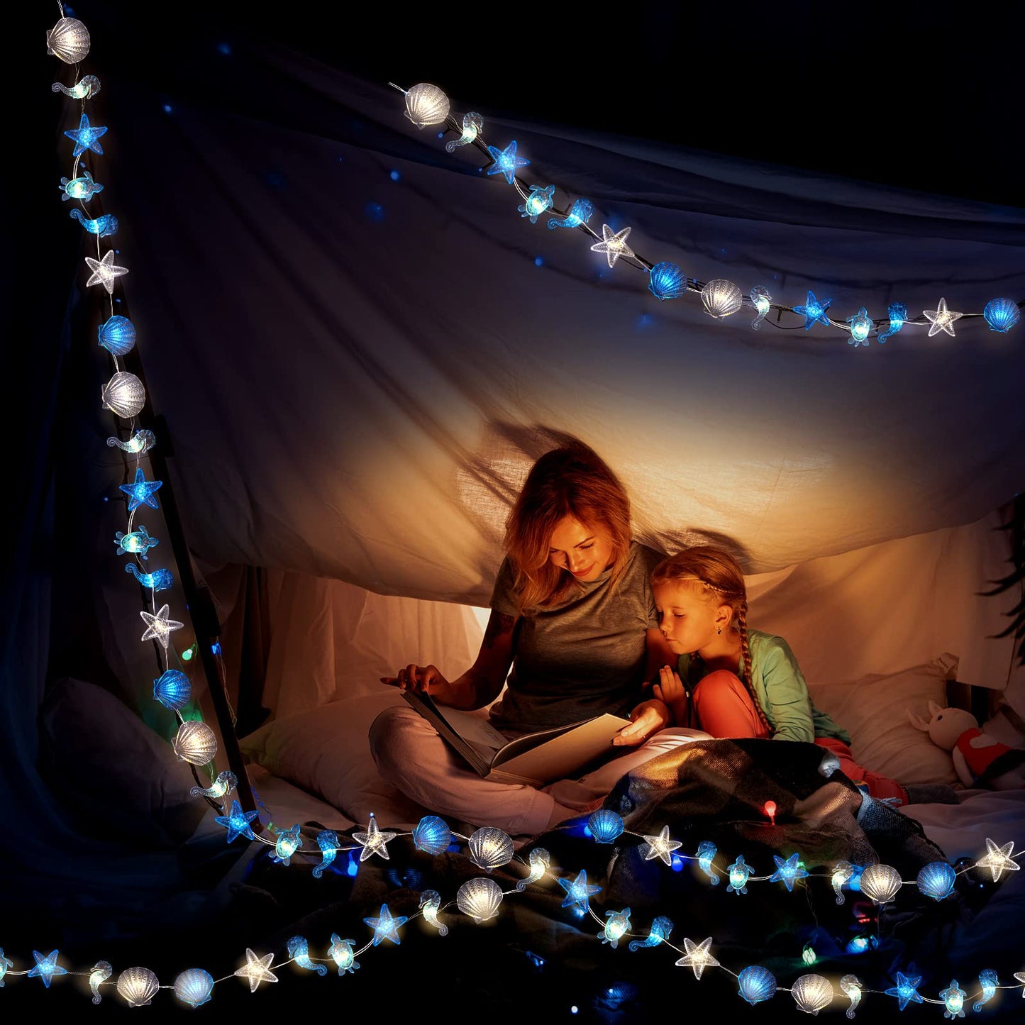 Zhanmai 2 Pcs Ocean Decor String Lights for Bedroom Nautical Theme Seashell Seahorse Conch 10ft 30 LED Battery Operated String Lights for Xmas Tree Ornaments Birthday Holiday Party Decor
