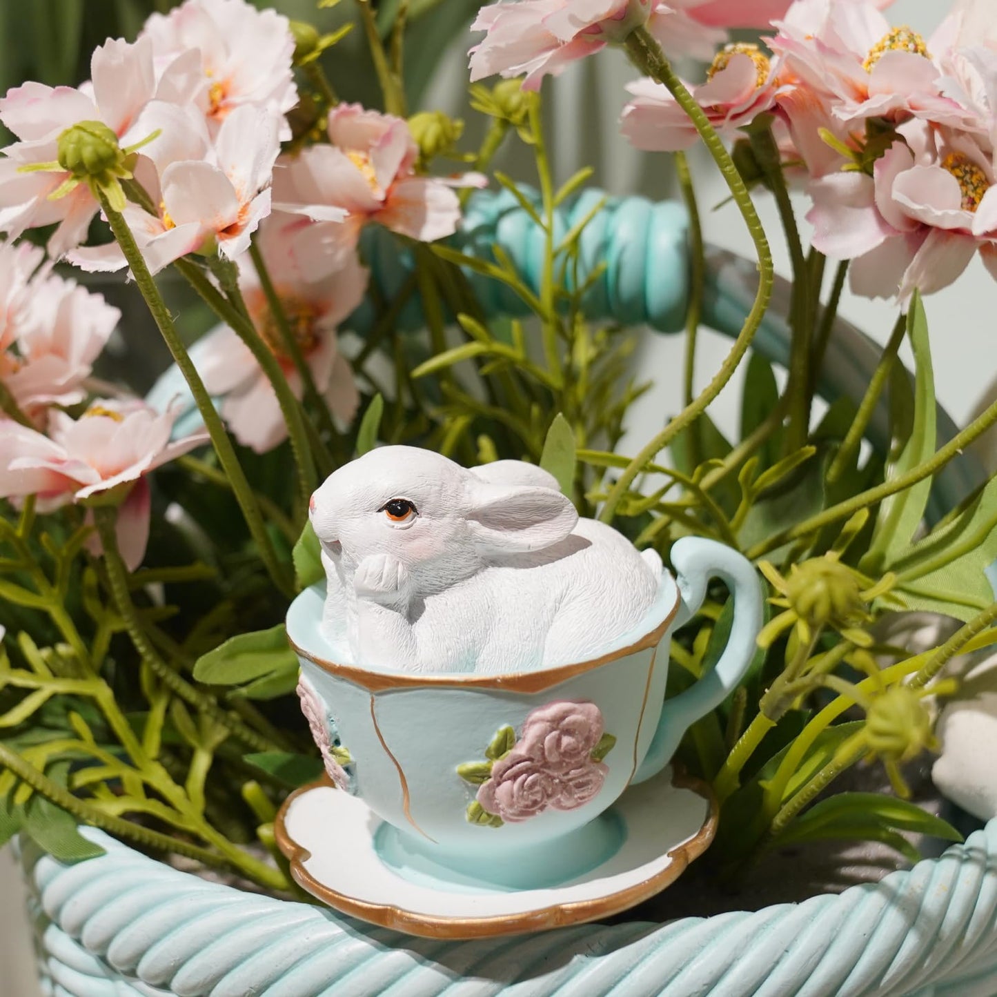 Easter Bunny Decorations Rabbit-Figurine Easter-Gift - Spring Bunny Statues Table Centerpieces Rabbits in Blue Cup Rabbits Sulpture for Indoor Home Farmhouse Decor 3.25*2.75*3 inch Newman House Studio