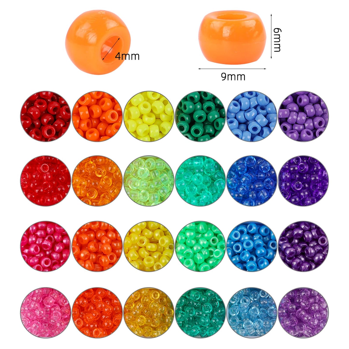 Quefe 2880pcs Pony Beads Kit, Kandi Beads for Hair, Rainbow Beads Plastic Bead for Craft 6 x 9mm 24 Colors 4 Styles Large Hole Beads Set for Bracelets Jewelry Making
