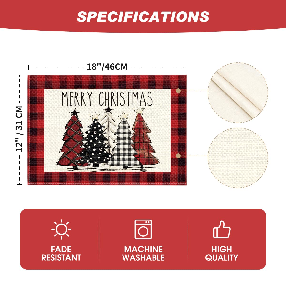 Artoid Mode Red and Black Buffalo Plaid Christmas Trees Placemats Set of 6, 12x18 Inch Winter Table Mats for Outdoor Home Party Kitchen Dining Decor