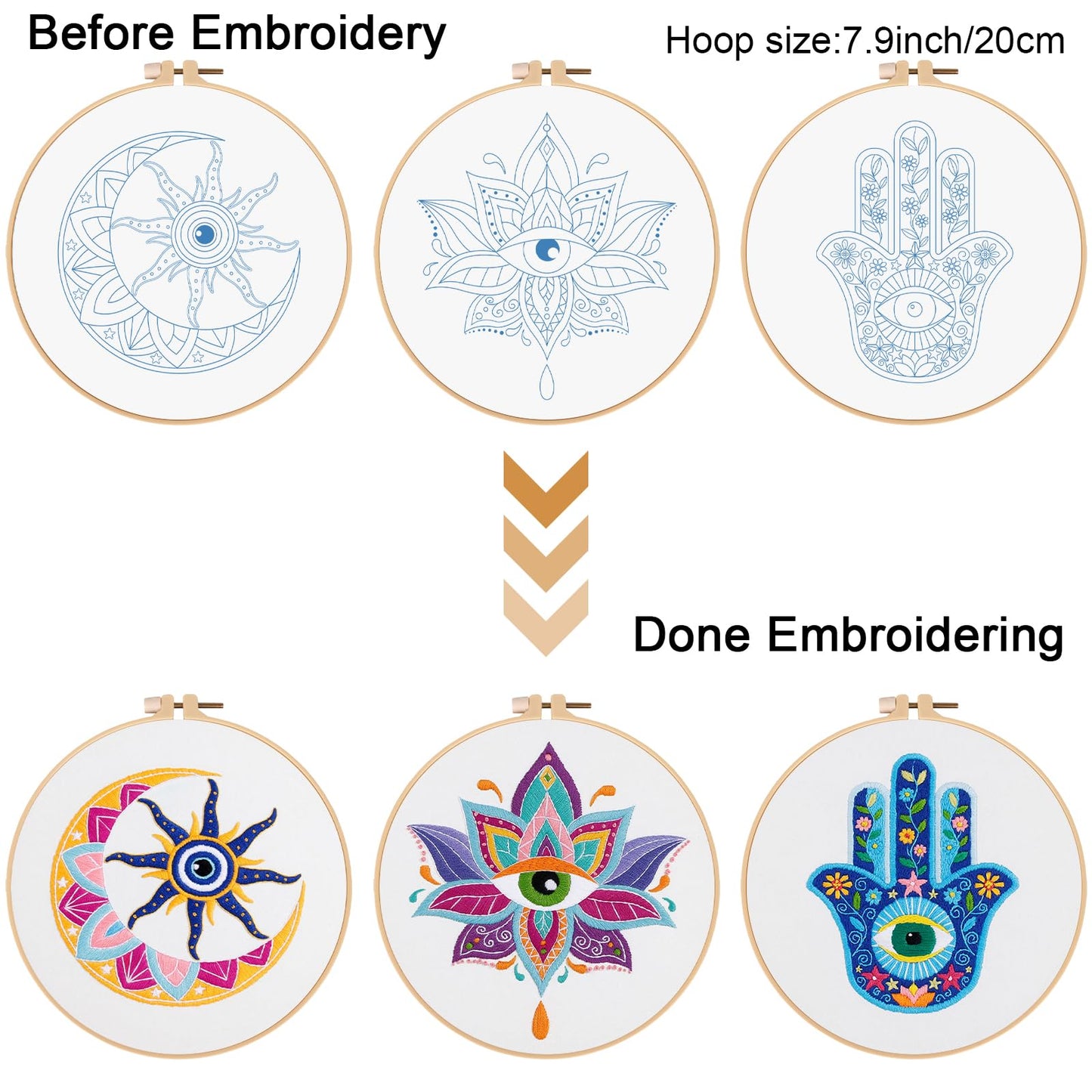 Louise Maelys 3 Set Tarot Evil Eye Embroidery Kits for Beginners,Adults Starter Cross Stitch Kit DIY Needlepoint with Hamsa Hand Sun Moon louts Flower Pattern