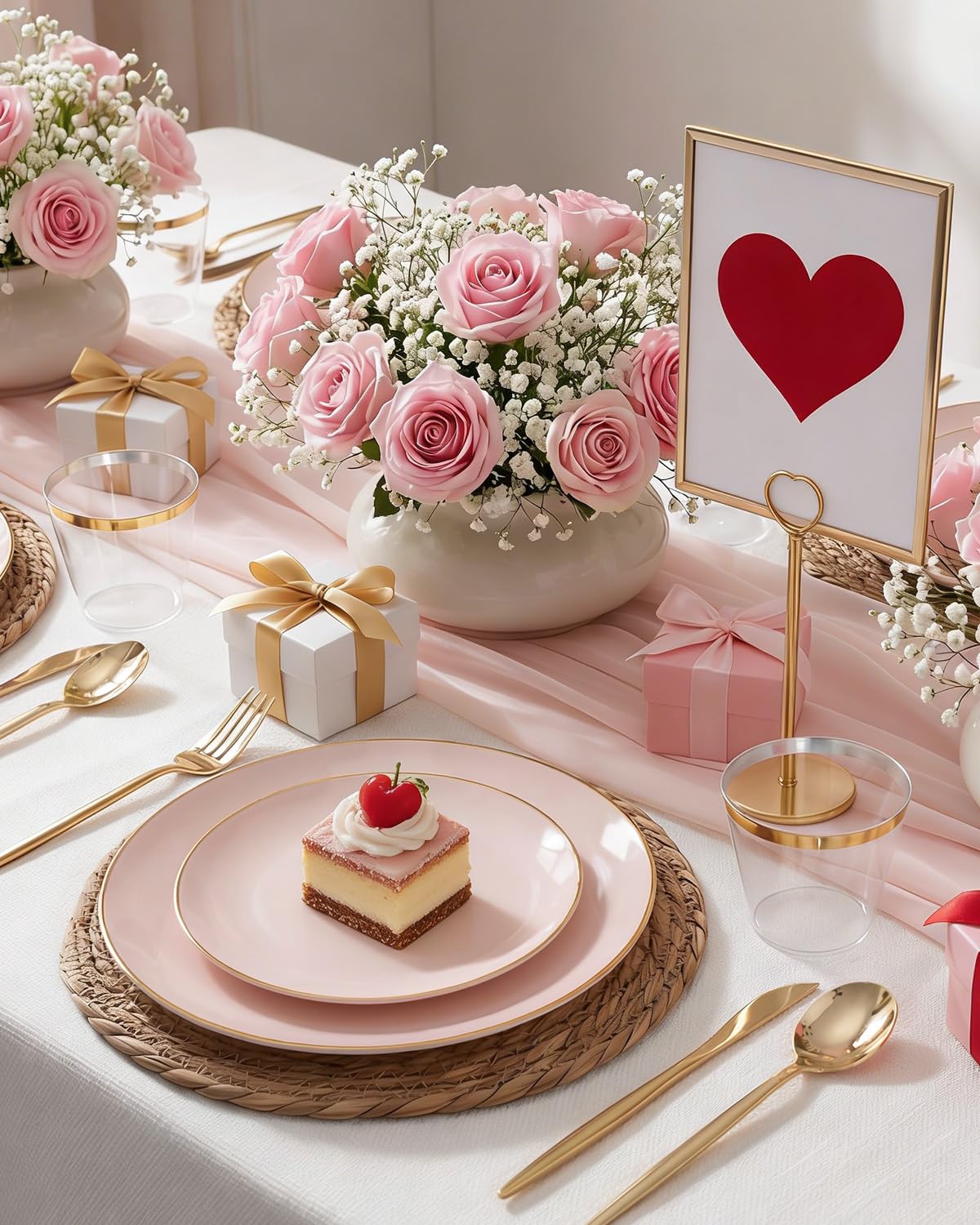 bUCLA 150PCS Pink Plastic Plates - Pink and Gold Disposable Include 25 Each (Dinner & Dessert) Plates, 25 Knives, 25 Forks, 25 Spoons and 25 Cups, Ideal for Party, Wedding & Easter