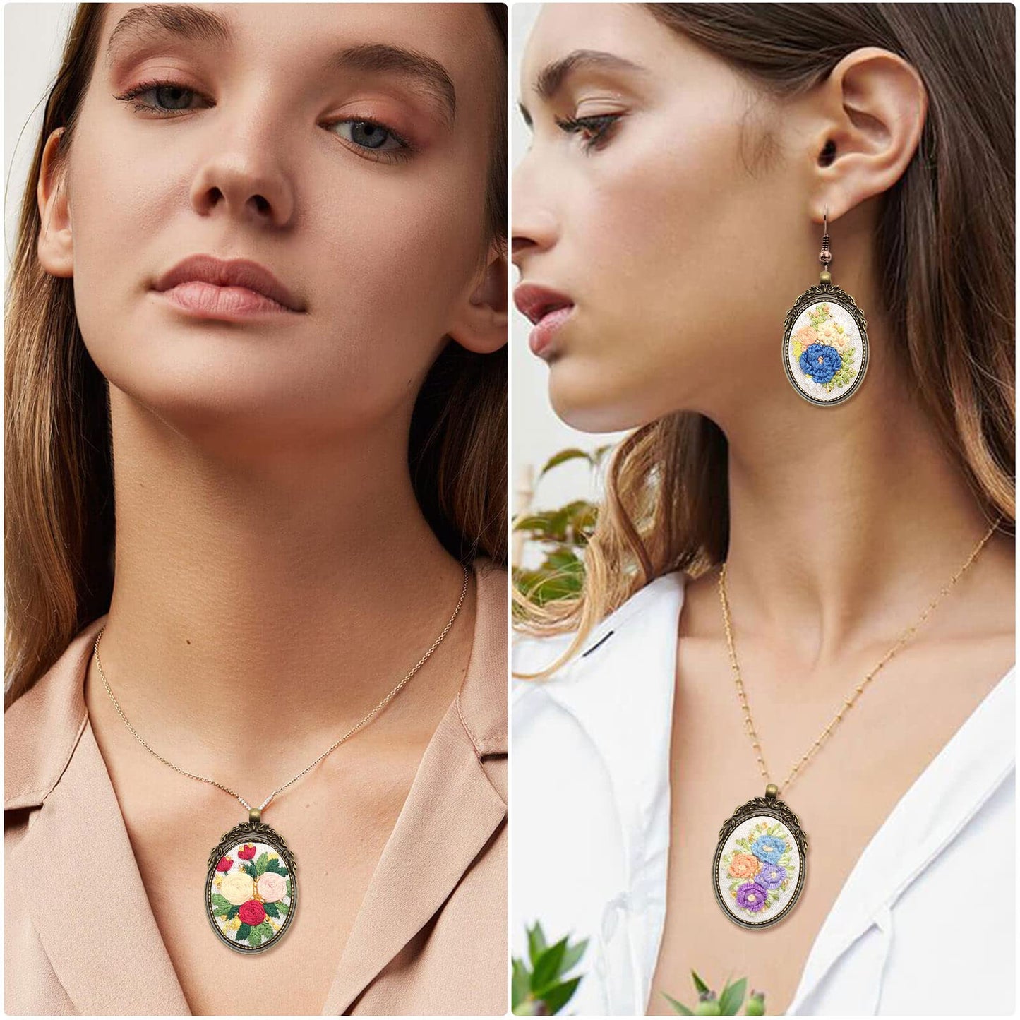 ZOCONE 3 Packs Embroidery Necklace Kit, Embroidery Pendant Kits Mini Cross Stitch Kit with Hoop, Necklace, Pendant, Beads, Stamped Pattern Cloth, Instructions, etc., Embroidery Kits for Adults