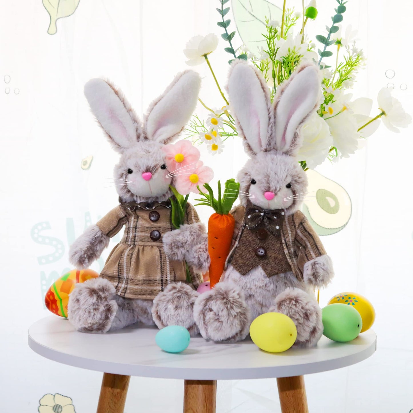 2 Pack Easter Bunny, 12.6" Handmade Huggable Rabbits Couple, Easter Basket Rabbits, Cute Bunny Party Favor Figurine, Spring Tabletop Holiday Room Decorations