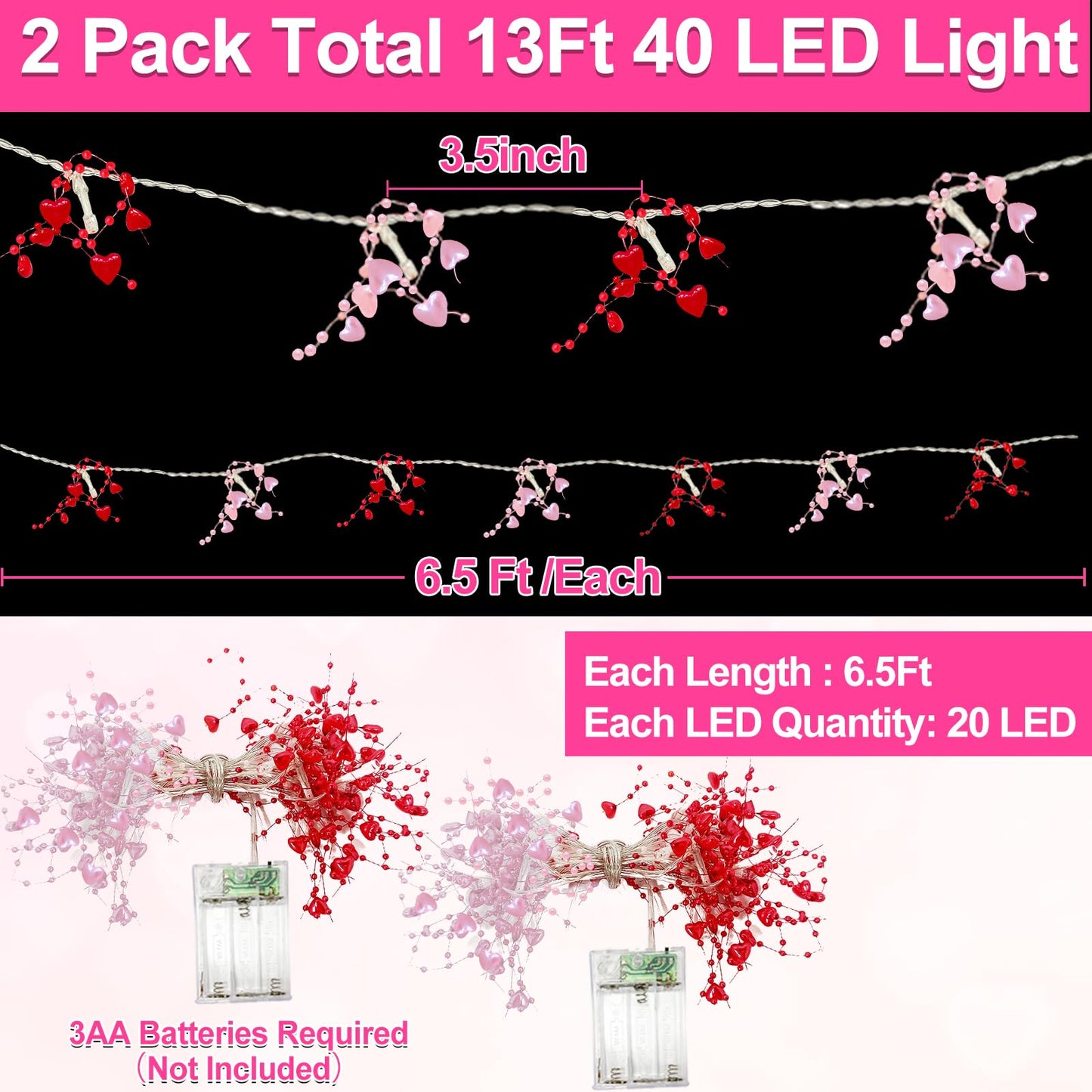 2 Pack Valentines Day Decorations Pink & Red Hearts Lights, Valentine Day Garland with Light Total 13Ft 40LED Beads Hearts String Light Battery Operated Valentines Day Lights for Home Bedroom