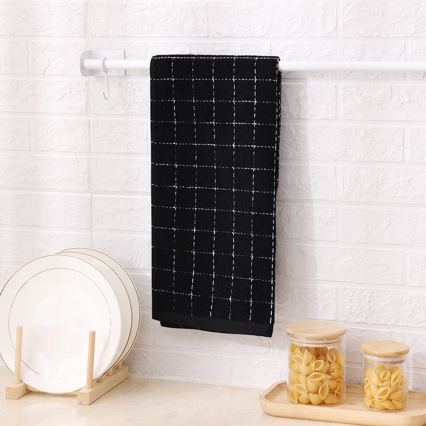 100% Cotton Terry Cloth Kitchen Towels, Super Soft and Absorbent Dish Towels for Drying, Checkered Designed Hand Towels for Kitchen, 16 x 26 Inches, 4 Pack, Black