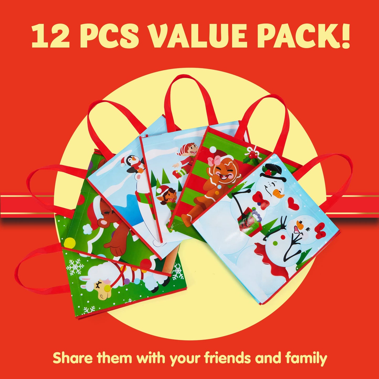 12 Christmas Extra-Large Gift Bags 13.75"x8"x14", Reusable Non-Woven Tote Bag With Handles for Xmas Wrapping Holiday Party Favors, Grocery Shopping