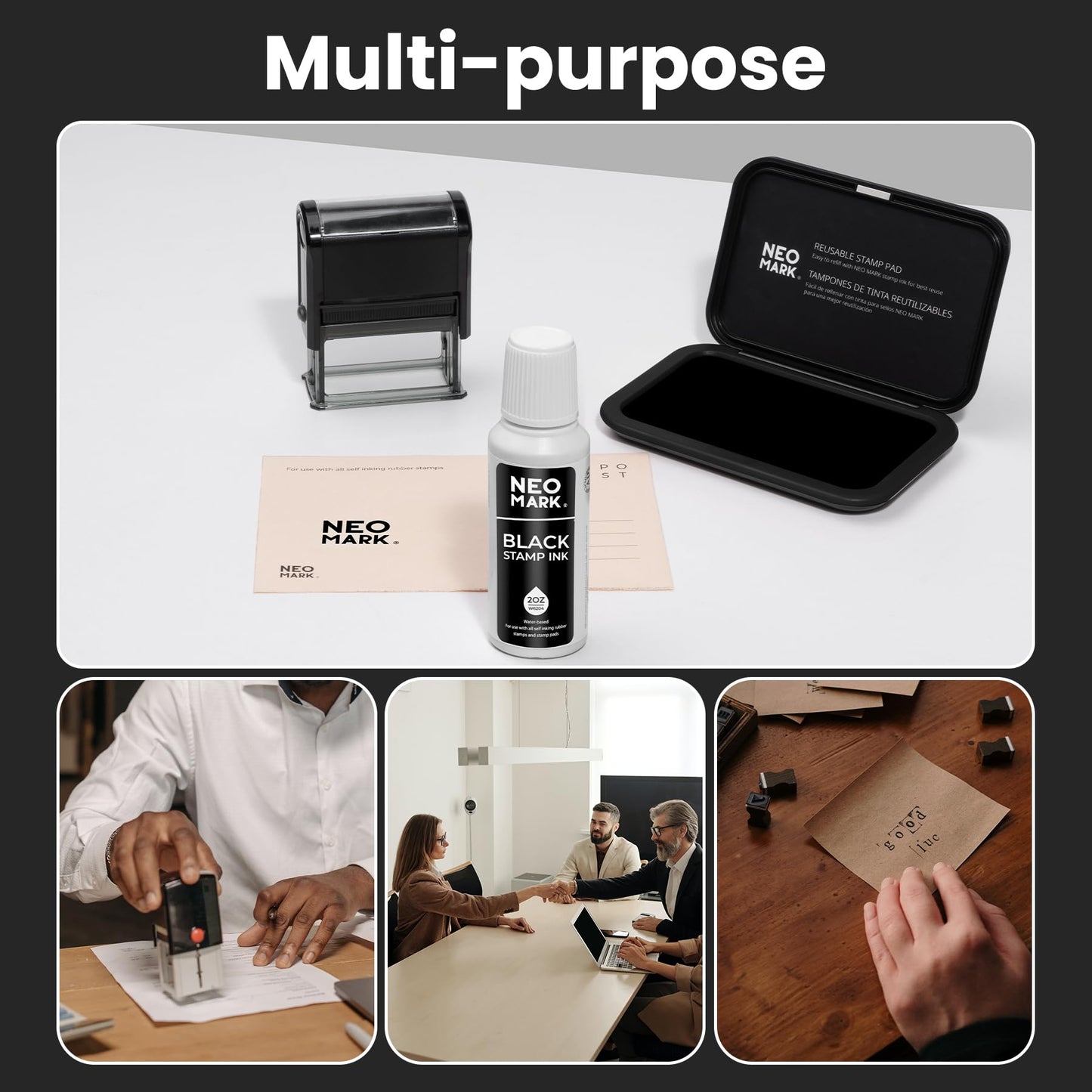 NEO MARK Premium Stamp Ink, Quick-Drying & AP-Certified Non-Toxic Refill Ink for Self-Inking Stamps, Date Stamps and Stamp Pads (Black, 2oz)