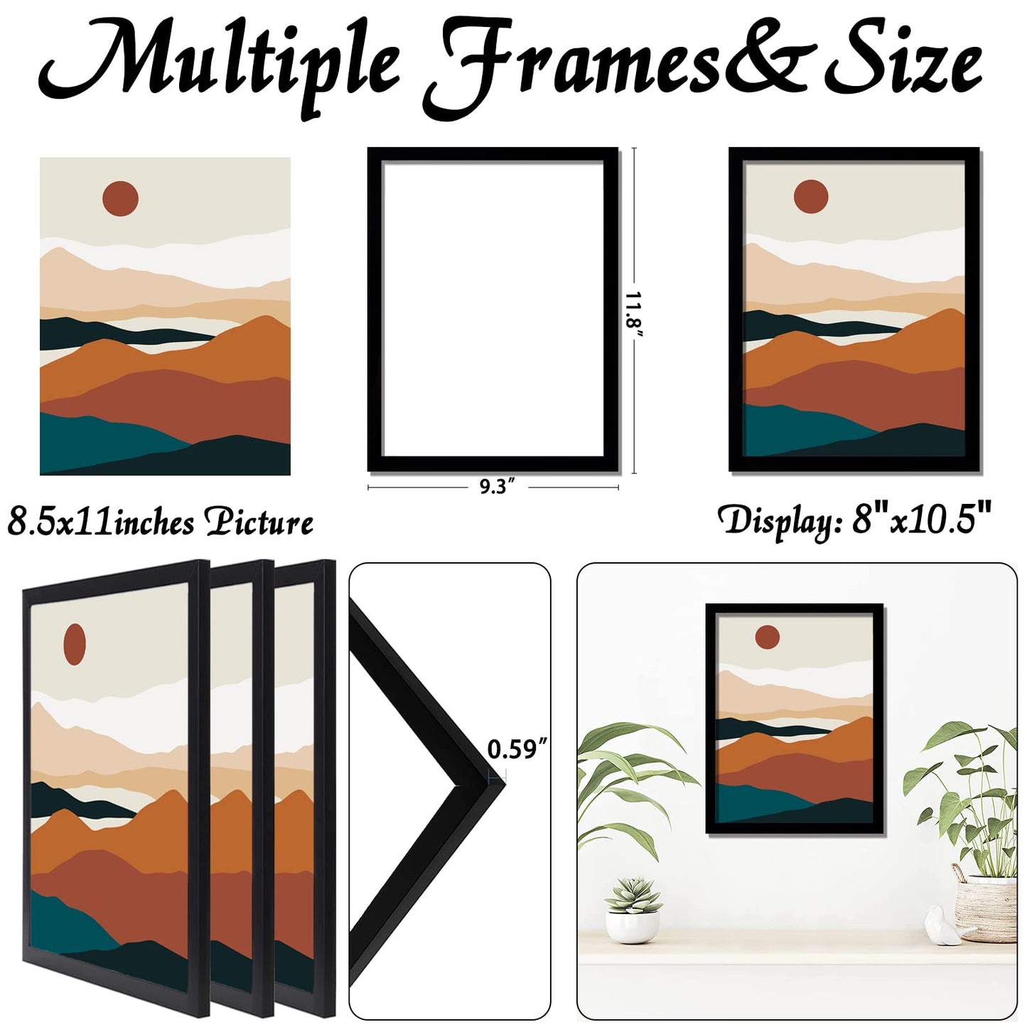 Black 8.5x11 Picture Frame Set of 3, High Transparent Frame for 8.5 By 11 Photo Collage Canvas Poster Size Wall Mount and Tabletop Horizontally Vertically (Black, 8.5 x 11 inches)
