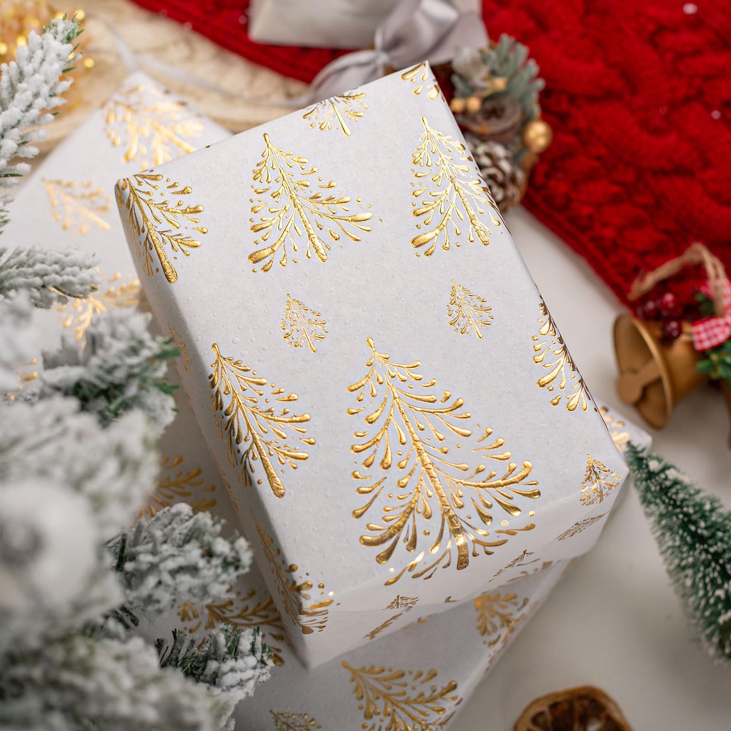 Kraft Christmas Wrapping Paper,White Gold 3D Embossed Foil Christmas Tree with Woodlands Wrap Paper for Holiday, Party,Celebration, New Year (17 Inch X 32.8 Feet)