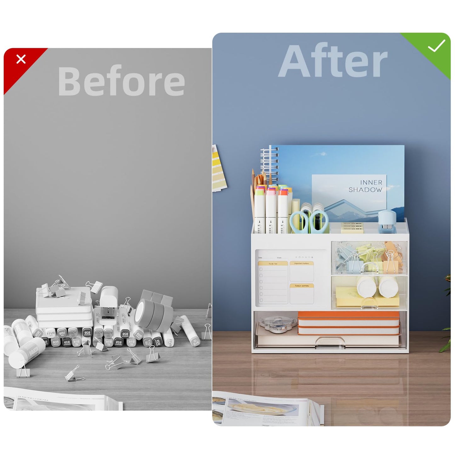 Desk Organizer with 3 Drawer, Multi-Functional Pencil Pen Holder for Desk, Desk Organizers and Accessories with 4 Compartments, Desktop Organizer Storage for Office Home Art Supplies (White)