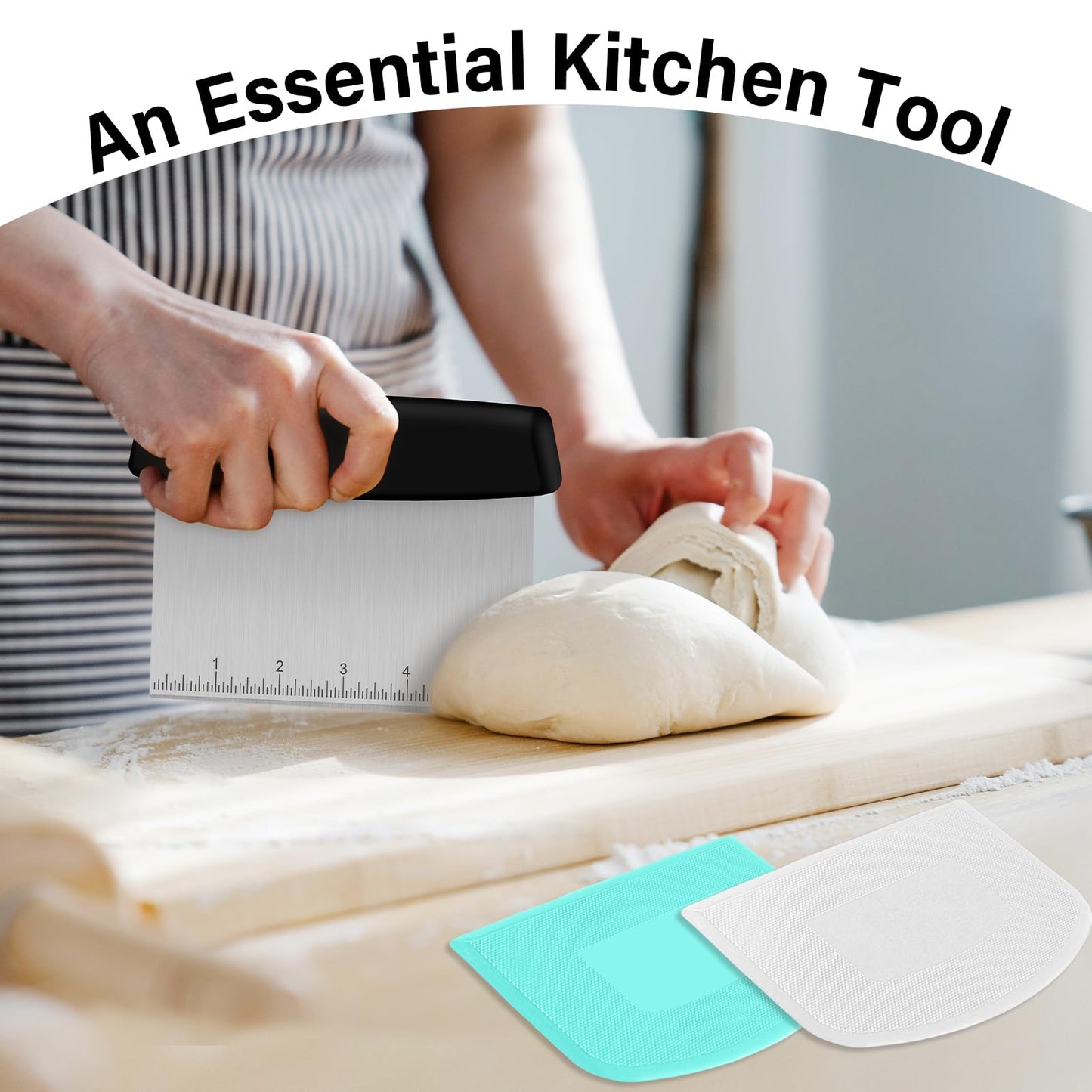 Ecavria Bench Scraper, Premium Stainless Steel Dough Scraper with 2 PCS Flexible Bowl Scraper, Dough Cutter with Measuring Scale, Versatile Kitchen Scraper Set for Pastry Bread Pizza Cake