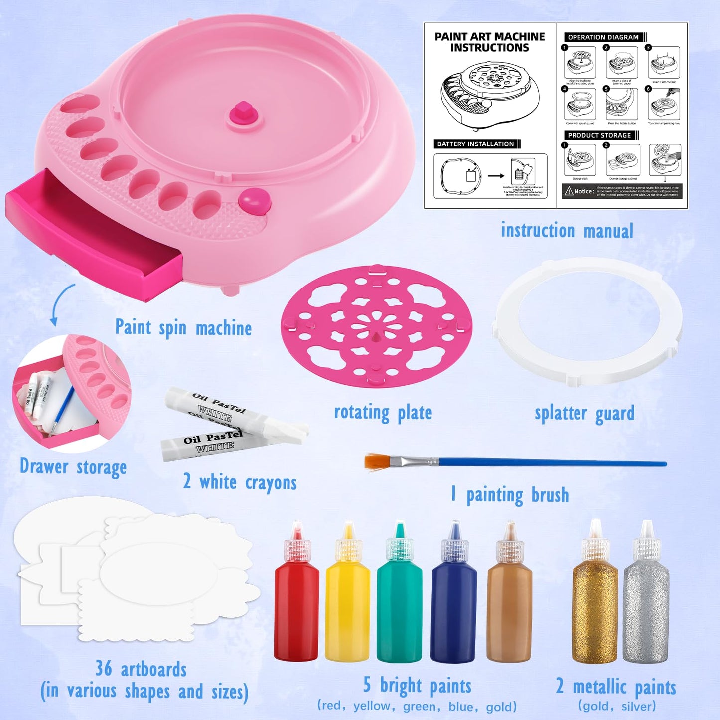 Spin Art Machine for Kids - Paint Spinner Art Craft Kit with 36 Artboards & 7 Colors - Arts and Crafts Painting Set for Boys Girls Ages 4-12, Birthday Easter Gifts for 6 7 8 9 10 Year Old（Pink）