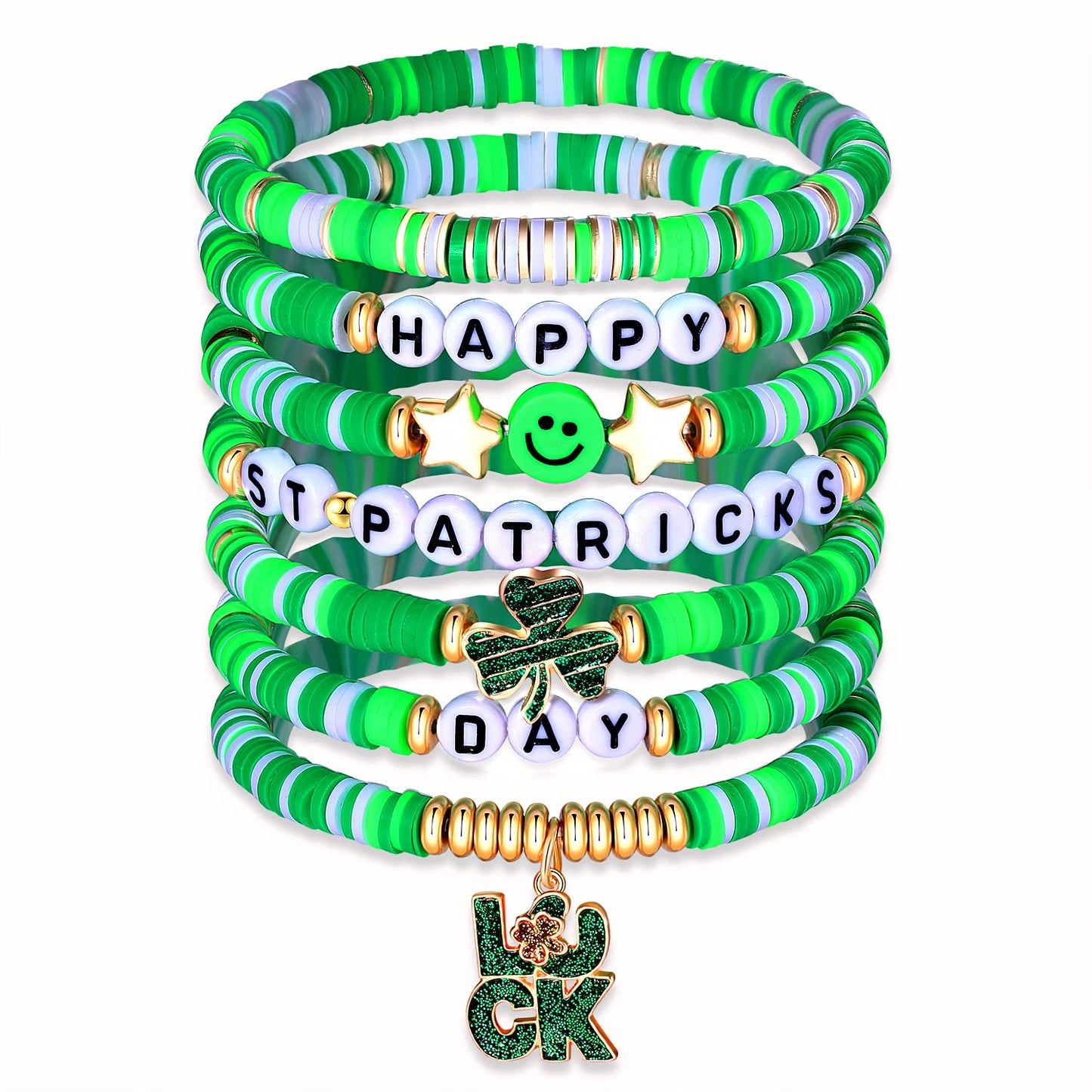 XOCARTIGE Surfer Heishi Bracelets for Women Stackable Rainbow Vinyl Disc Clay Beaded Stretch Bracelets Elastic Layering Friendship Bracelets Boho Summer Beach Jewelry (St.Patrick's Day 1)