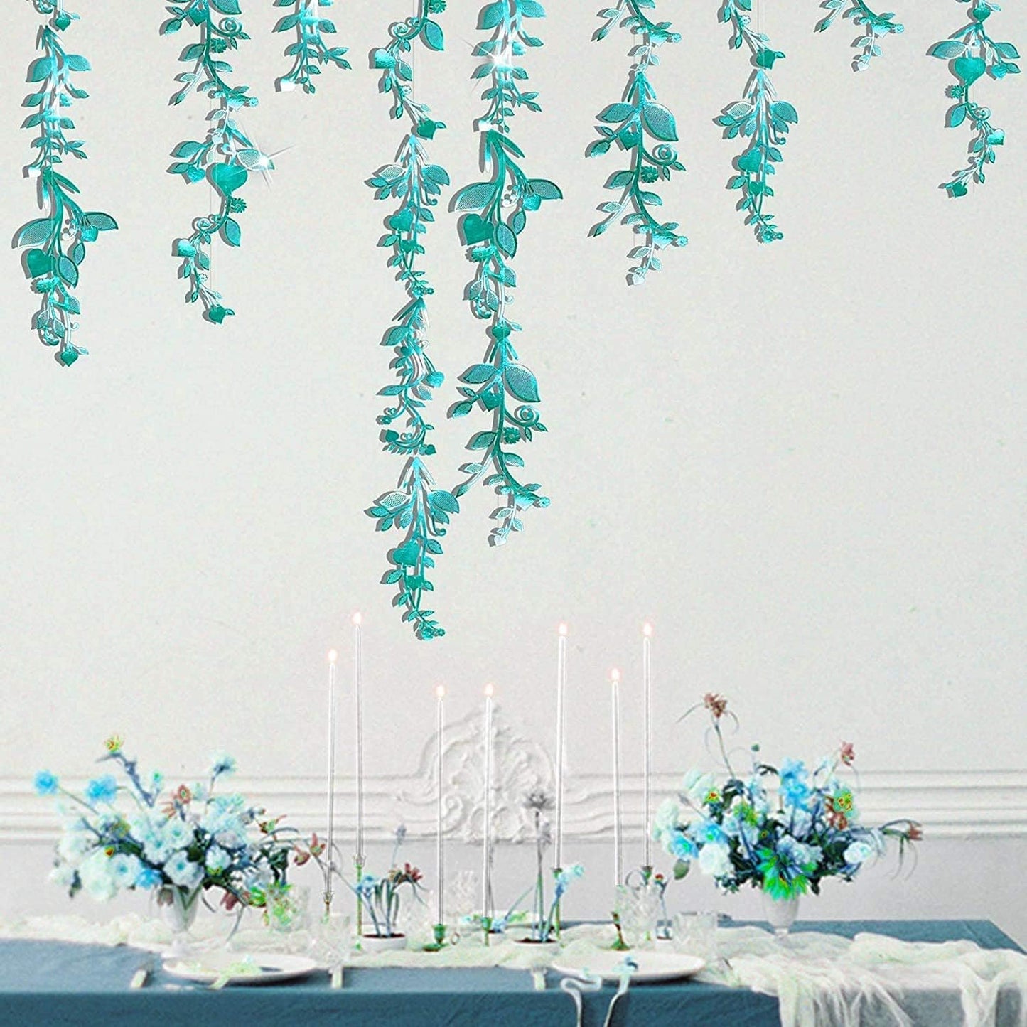 Cheerland Leaf Vine Garlands Teal Blue Hanging Leaves Banner Backdrop Wall Stickers Decorations for Birthday Anniversary Wedding Tea Party Supplies - Pack of 24