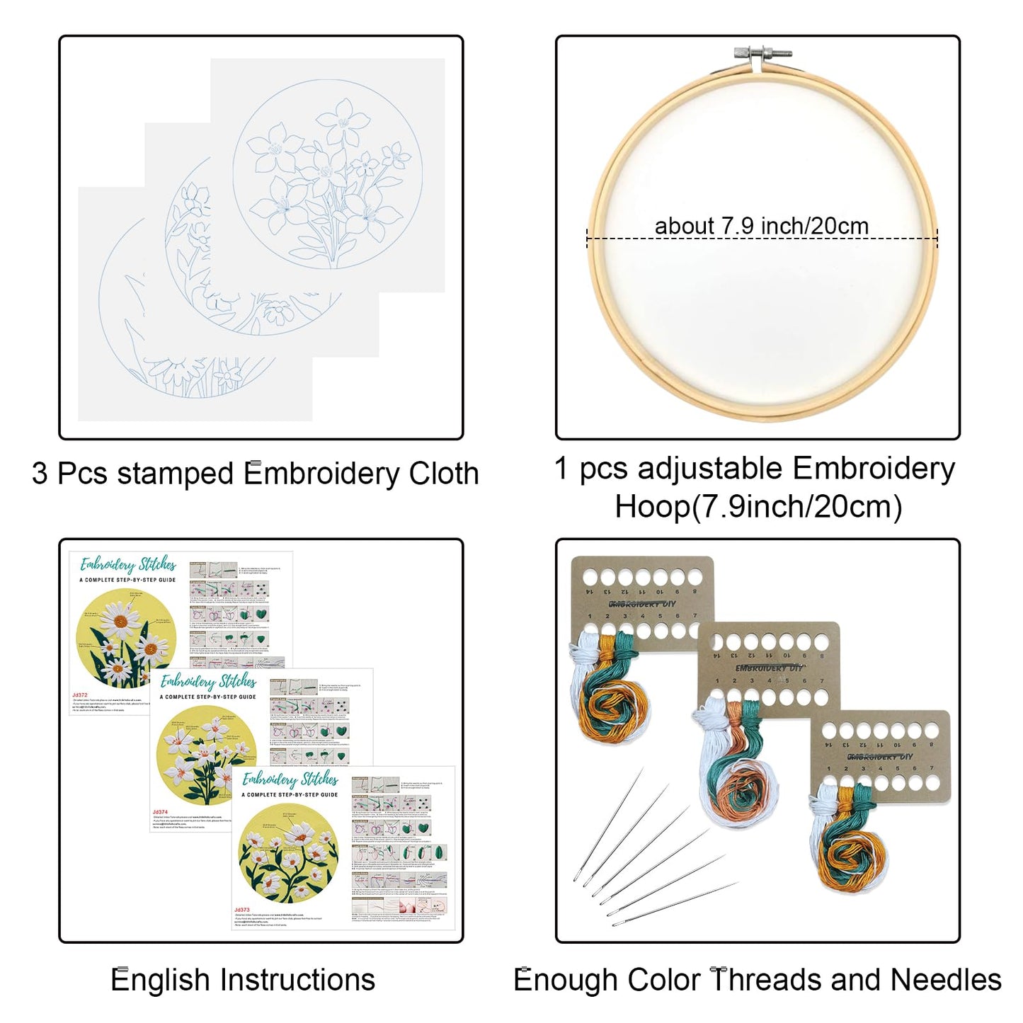 3 Sets Flowers Embroidery Kits for Beginners,Cross Stitch Kit for Adults,DIY Needlepoint for Starters Including Florals Pattern, Hoop,Instruction and Threads