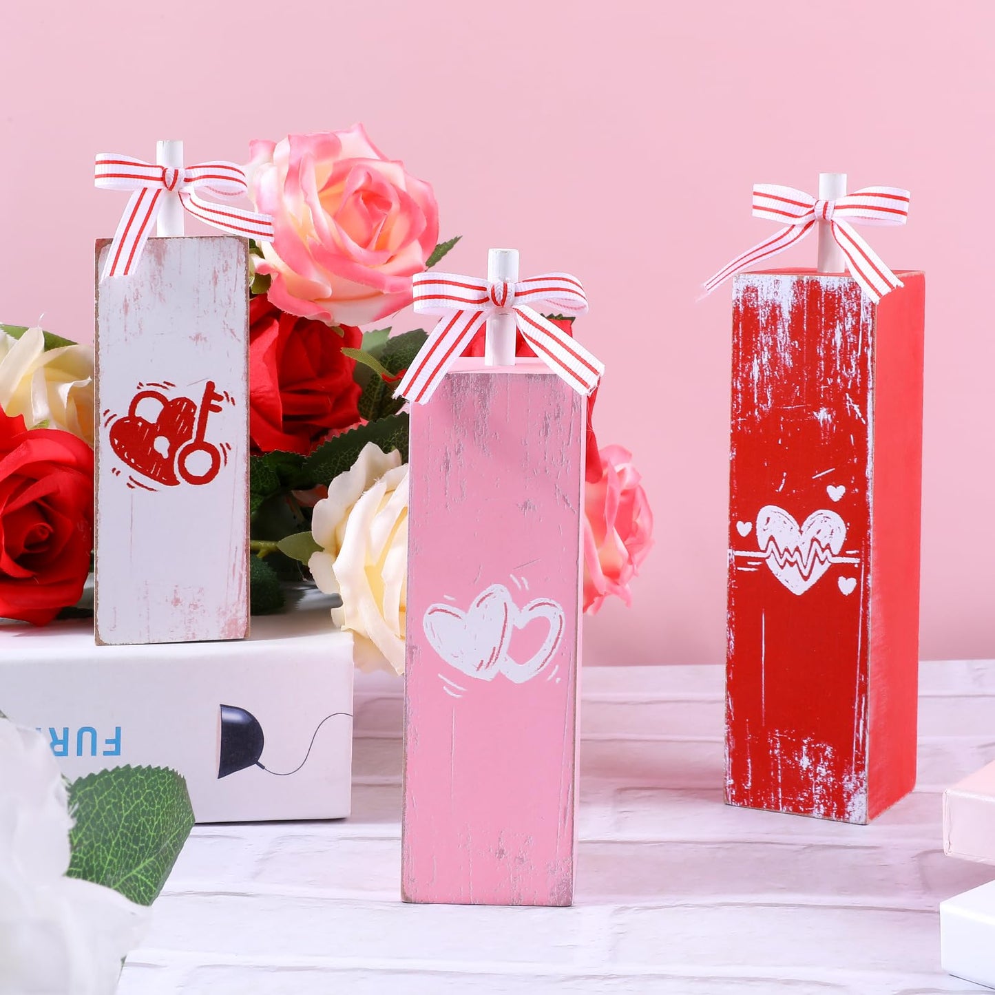 3 PCS Heart Table Block Sign Love Wooden Tiered Tray Decor Tabletop Decor Heart Rustic Farmhouse Centerpieces for Wedding Home Party Decor