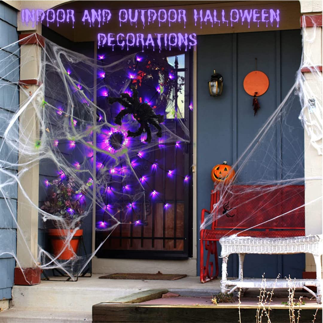 Halloween Decorations Spider Web Lights - 4FT Diameter 70 LED with Black Spider, Waterproof Net Lights, Remote Control, 8 Modes Cobweb Halloween Decorations for House Garden Indoor Outdoor (Purple)