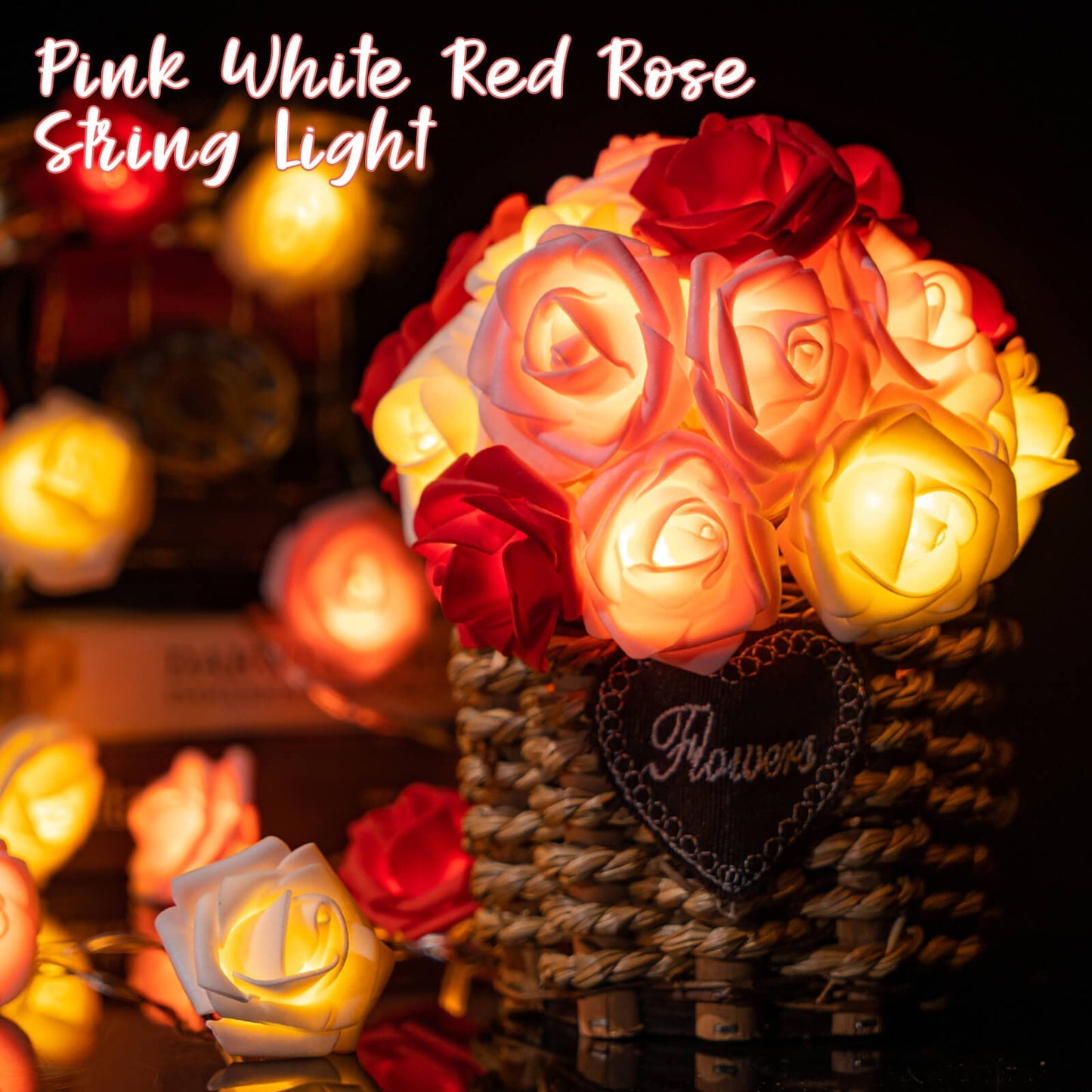 Rose Flower String Lights, 20 LED Battery Operated Romantic Red Pink White Rose Lights, 10Ft Artificial Flowers Garland Led Lights for Valentine's Day Wedding Indoor Outdoor Festival Party Decor