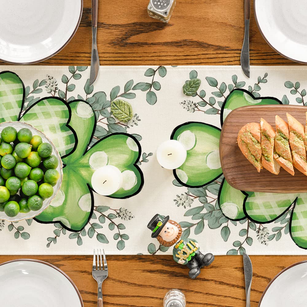 Clover Shamrocks Eucalyptus Buffalo Plaid St.Patrick's Day Table Runner, Seasonal Kitchen Dining Table Runner for Home Party Decor 13x36 Inch