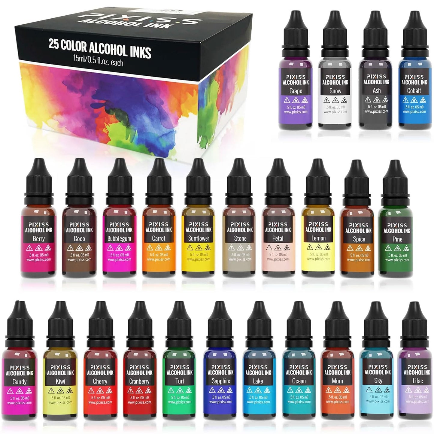 Alcohol Ink Set - Alcohol Ink for Epoxy Resin, Alcohol Ink Supplies, Tumbler Making Supplies, Resin Ink, Dye Inks 25 Large 0.5 Ounce Highly Saturated Colors