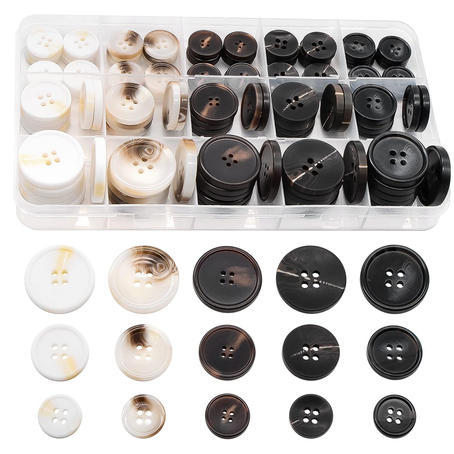 OELFFOW 110Pcs Mixed Sewing Buttons, 4-Hole Craft Round Blazer Buttons, 5 Color 3 Size(15mm,20mm,25mm) Suit Coats Resin Button, Suitable for Variety Clothing Sewing, DIY Craft(White)