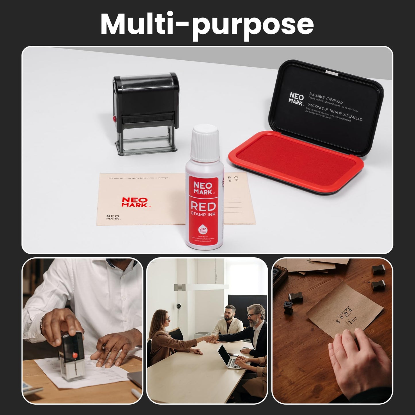 NEO MARK Premium Stamp Ink, Quick-Drying & AP-Certified Non-Toxic Refill Ink for Self-Inking Stamps, Date Stamps and Stamp Pads (Red, 2oz)