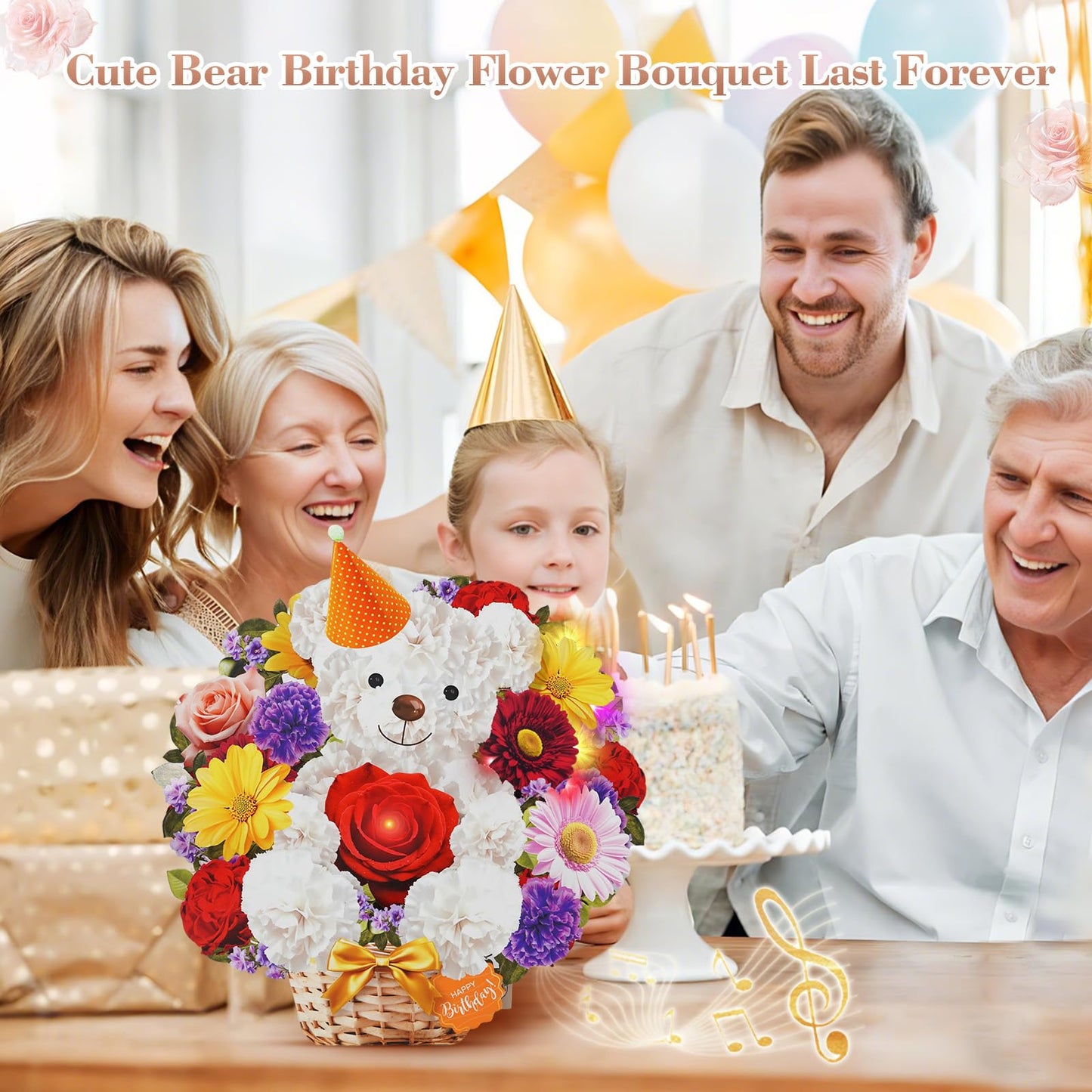 MZD8391 Birthday Cards with MUSIC & LIGHTS, Happy Birthday Card, Bear & Daisy, 10 Inch Life Sized Forever Flower Bouquet 3D Pop Up Greeting Card for Wife Mom Daughter Grandma Women