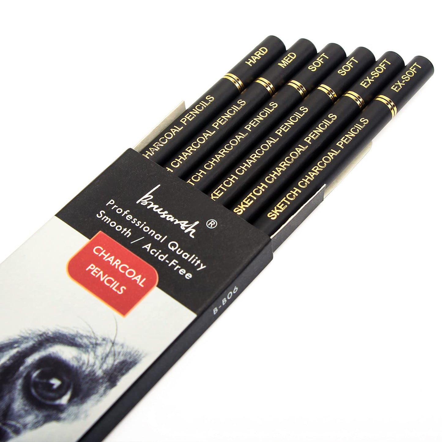 Brusarth Professional Charcoal Pencils Drawing Set - 6 Pieces Soft Medium and Hard Charcoal Pencils for Drawing, Sketching, Shading