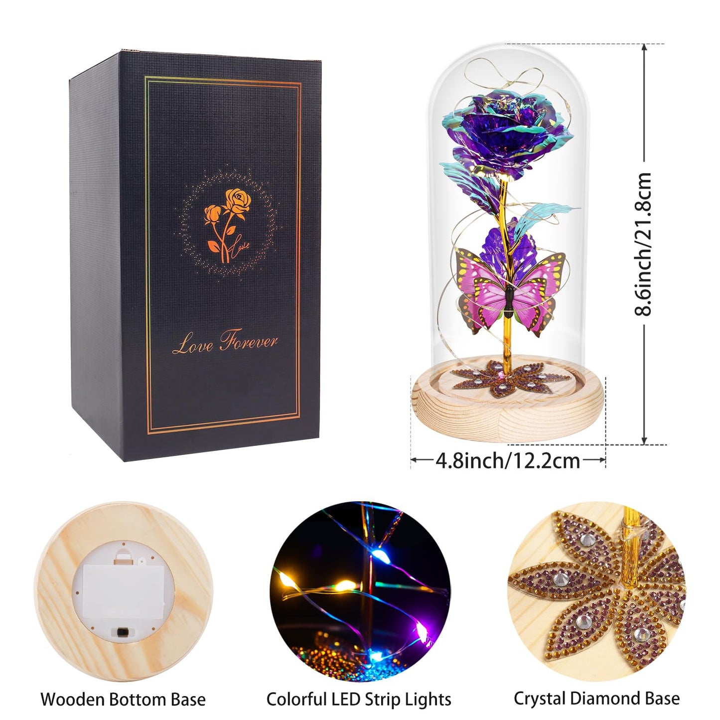 Birthday Gifts for Women Galaxy Glass Rose Forever Preserved Flowers for Delivery Light Up Rose in Glass Dome Mothers Day Butterfly Gifts for Mom Wife Grandma Her Daughter Girlfriend