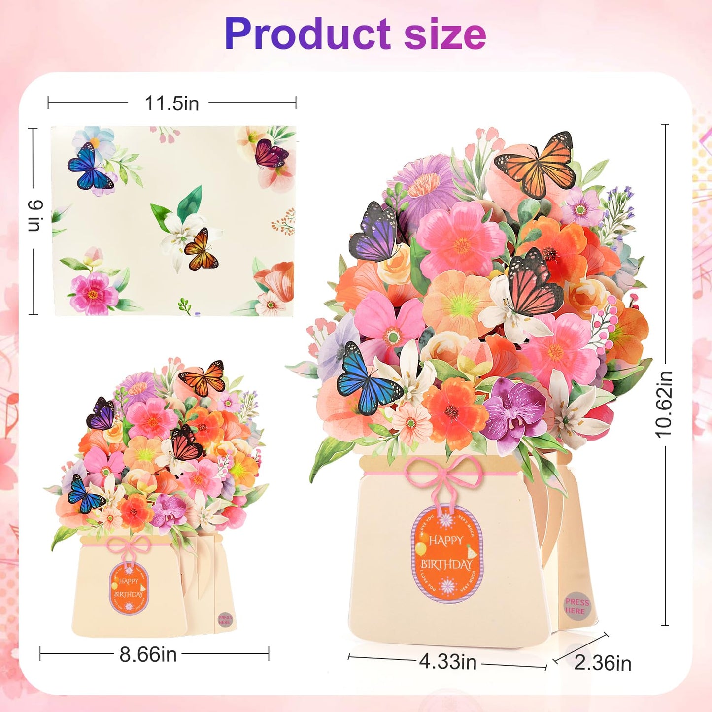 Yinqing Birthday Cards, Light and Music Happy Birthday Card, Lily and Butterflies, 10 Inch Life Sized Forever Flower Bouquet 3D Pop Up Birthday Gift Card for Women Wife Mom Daughter Sister