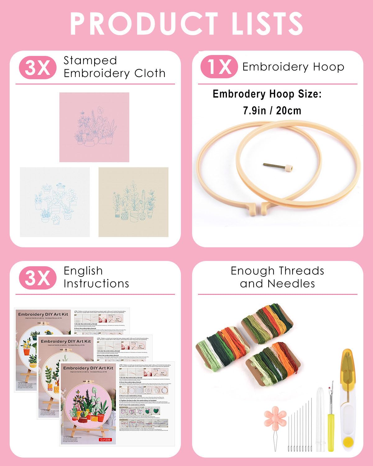 3 Pack Embroidery Kit for Adult, Embroidery DIY Starter Kit, with Stamped Patterns, Hoop, Tools, Colorful Threads with Needles, Instructions