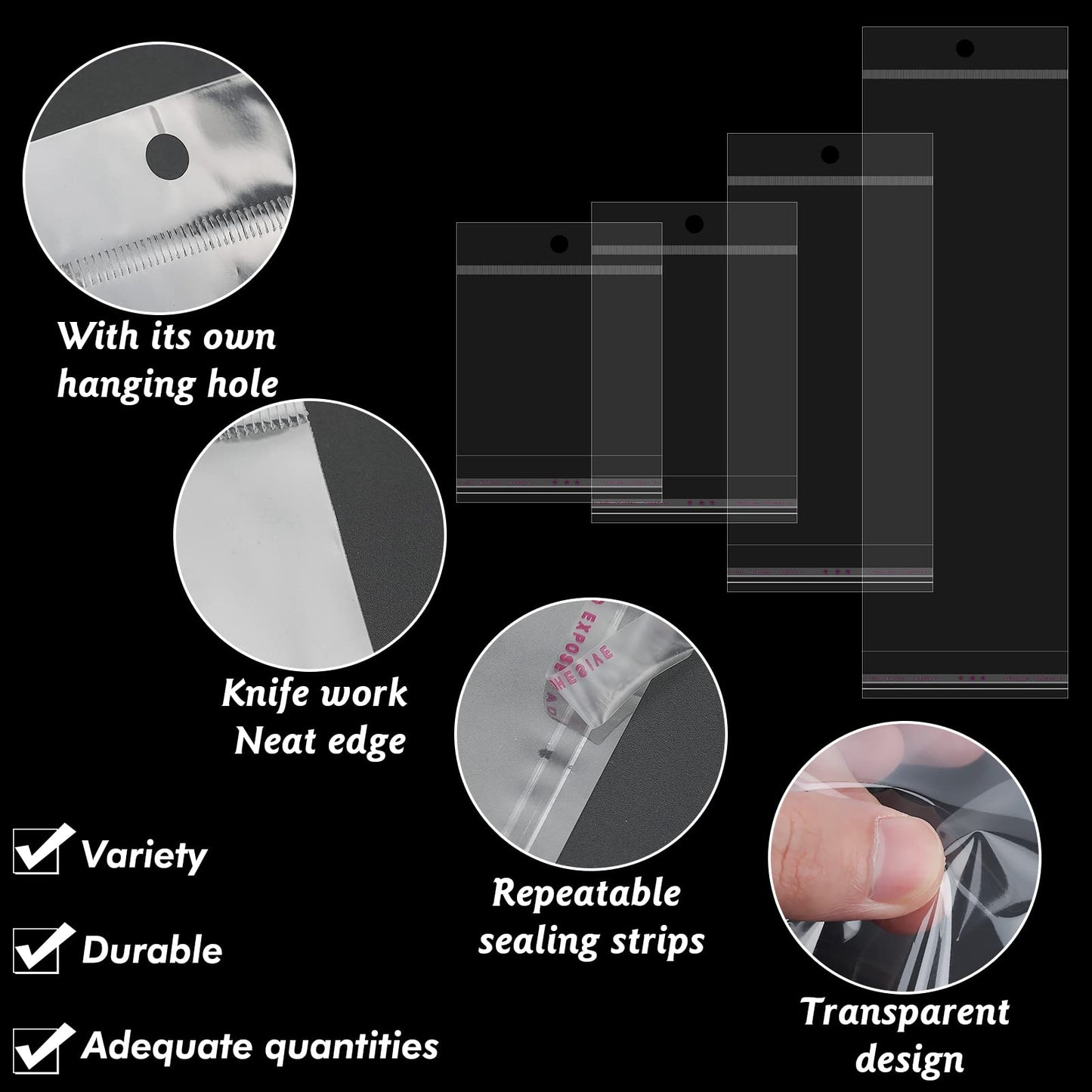 400Pcs Self Sealing Bag with Hang Hole Resealable Storage Bag Clear Plastic Hanging Bag for Packaging Necklaces Earrings Jewelry, 3.5 x 4.7inch, 3.5 x 5.5inch, 3.5 x 7.8 inch, 3.5 x 11.8 inch