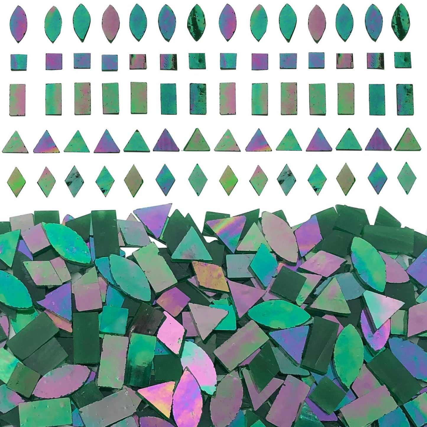 LITMIND Iridescent Glass Mosaic Tiles for Crafts, 240 Pieces 5 Shapes Mixed Green Stained Glass Pieces, Mosaic Kits for Adults (Iridescent Green)