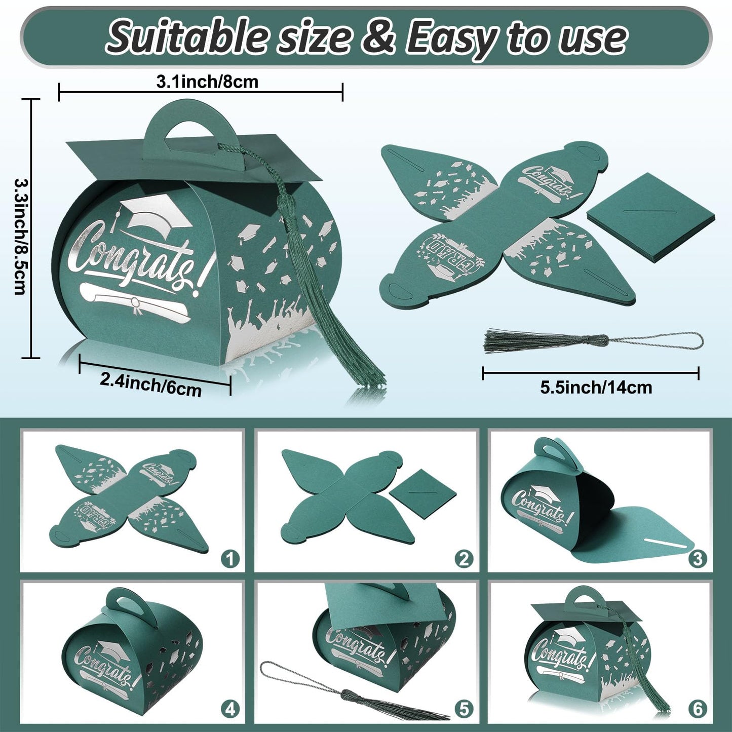 TaoBary 30 Pcs Graduation Cap Gift Boxes Graduation Decorations Class of 2026 Candy Box with Tassel for 2026 Grad Party Favors Supplies(Dark Green, White)