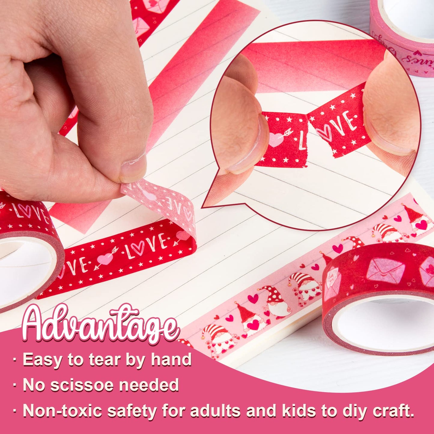 12 Rolls Valentine Washi Tape Red Pink Heart Gnome Love Masking Tape for Wedding Scrapbook DIY Craft Gift Wrapping, 0.6" x 16.4ft