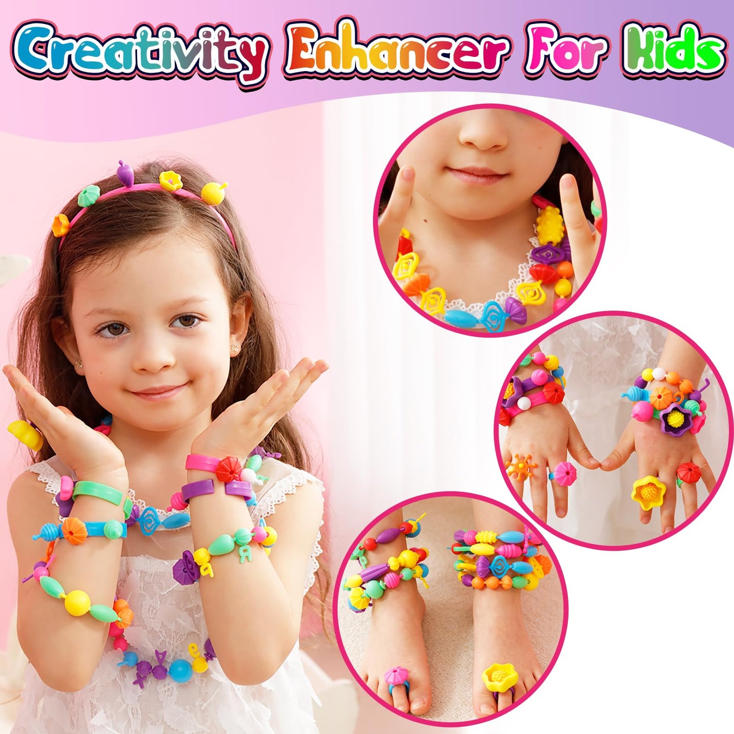 FUNZBO 850pcs Pop Beads - Jewelry Making Kit for 3 4 5 6 7 8 Year Old Little Girls, Arts and Crafts Toys for Kids, Necklace Bracelet Ring Hairband Creativity Snap Set, Birthday Gifts for Kids