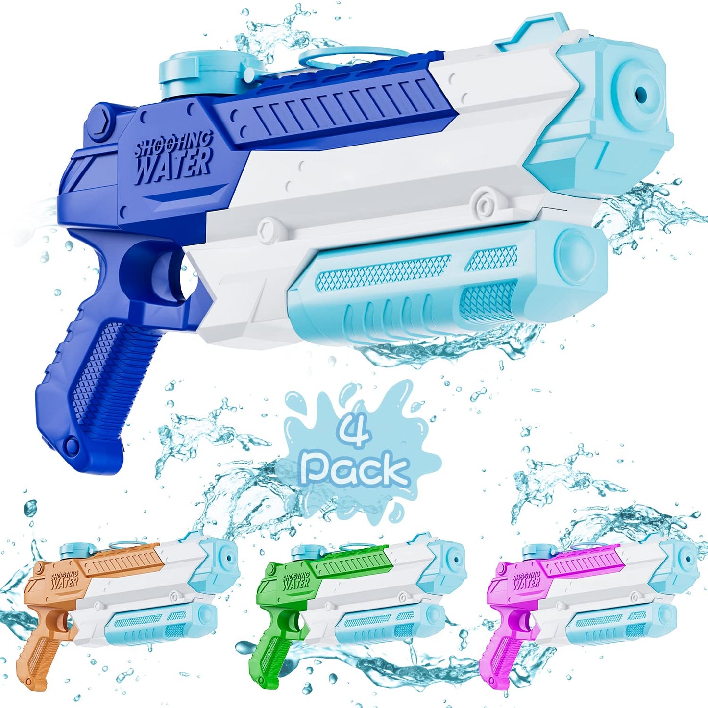 WOLKEK Water Guns for Kids Adults, 4 Pack 400CC Long Range High Capacity Squirt Guns Toy, Pool Toys Water Toys for Swimming Pool Beach Sand Outdoor, Summer Gifts for Boys Girls