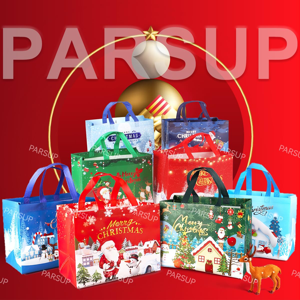 8PCS Christmas Gift Bags, Bronzing Christmas Tote Bags with Handles, Treat Bags, Multifunctional Non-Woven Bags for Gifts Wrapping Shopping, Xmas Basket Party Supplies, 12.8"×9.8"×6.7"