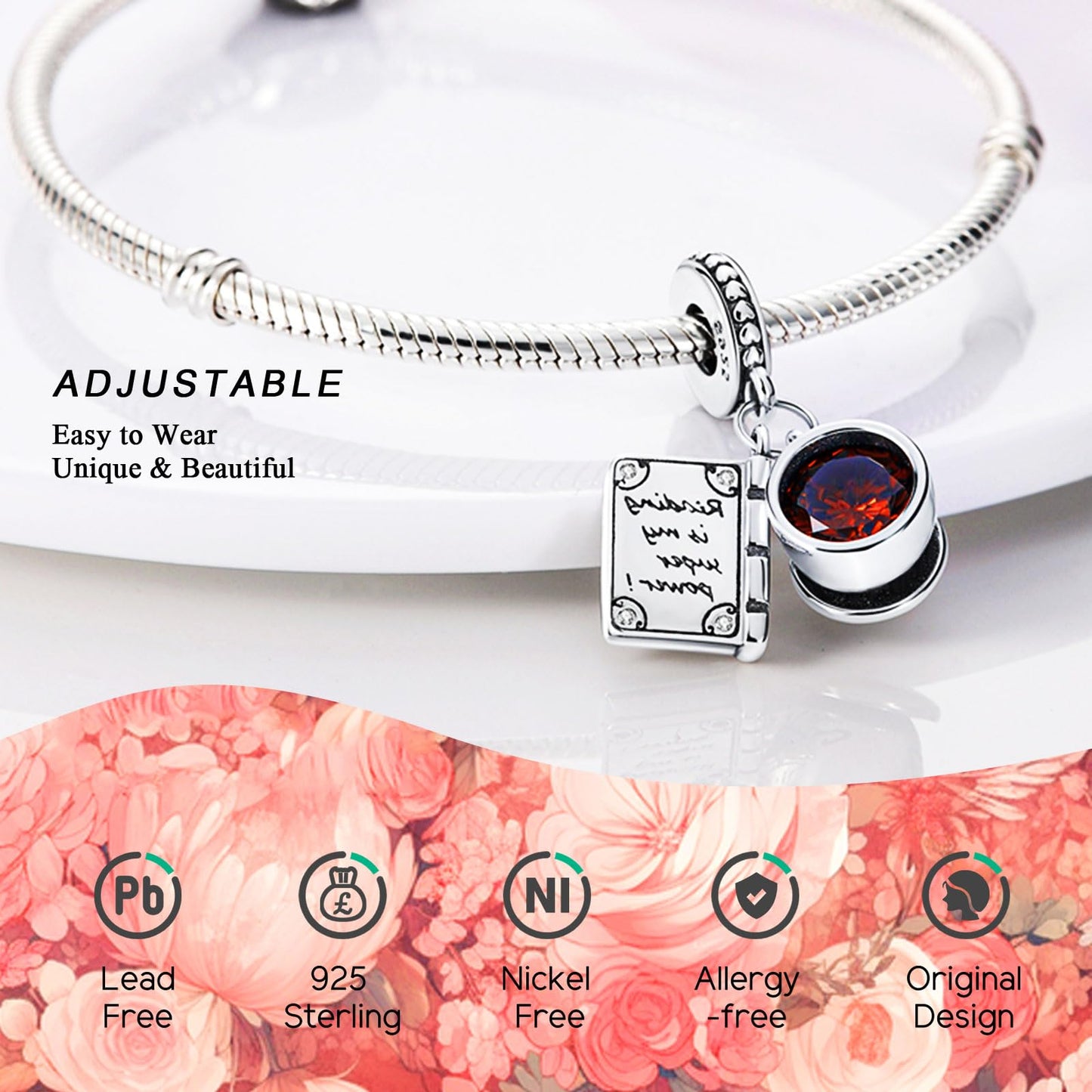 NUJIFFY 925 Sterling Silver Charms Beads for Bracelets Necklaces, Airplane Passport Sister Heart Coffee Music Book Travel Pendant, Pink Color Cute Animal Jewelry Graduation Birth Gifts for Women Men