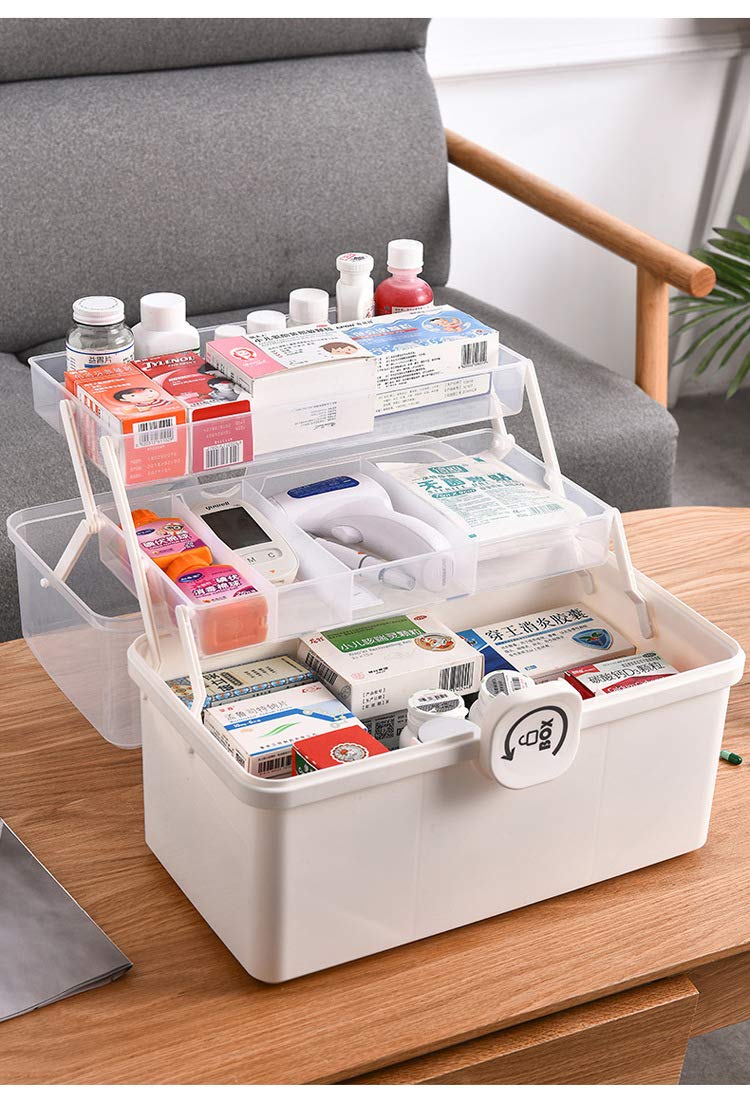 Sooyee Plastic Storage Box with 3-Tier Fold Tray,Tool Organizer Portable Handled Case,Portable Lockable Container for Arts, Crafts,Cosmetic, Sewing, Toy, Washi Tape, Legom,Clear/White