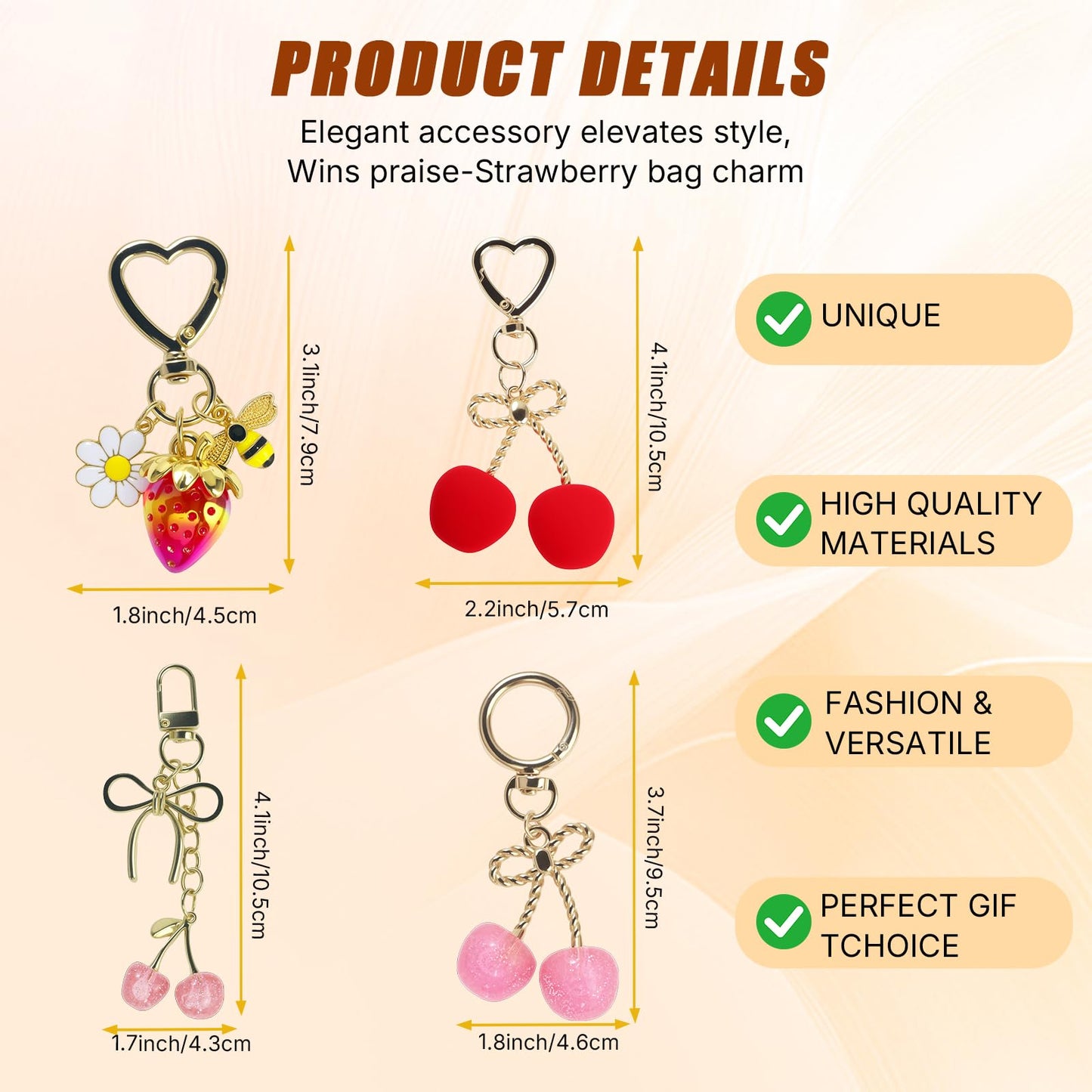 SIGZKK Cute Cherry Strawberry bag charms keychain purse accessories charm for women handbags Kawaii Flower Car Key Chain